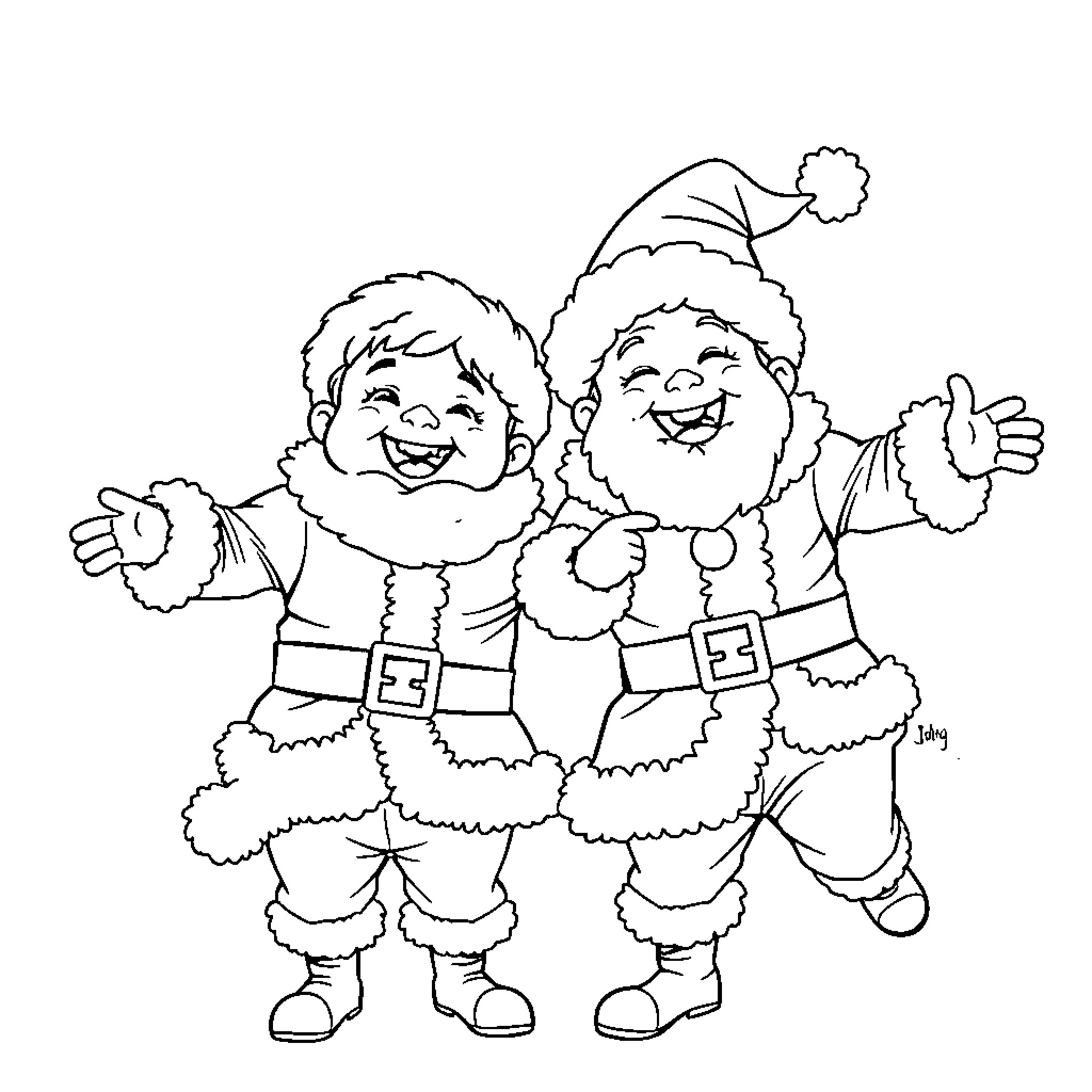 Boy and Santa Claus enjoying holiday cheer Coloring Page (free black-and-white line drawing printable PDF for all, from beginners to advanced learners, including children, teens, adults, and seniors)