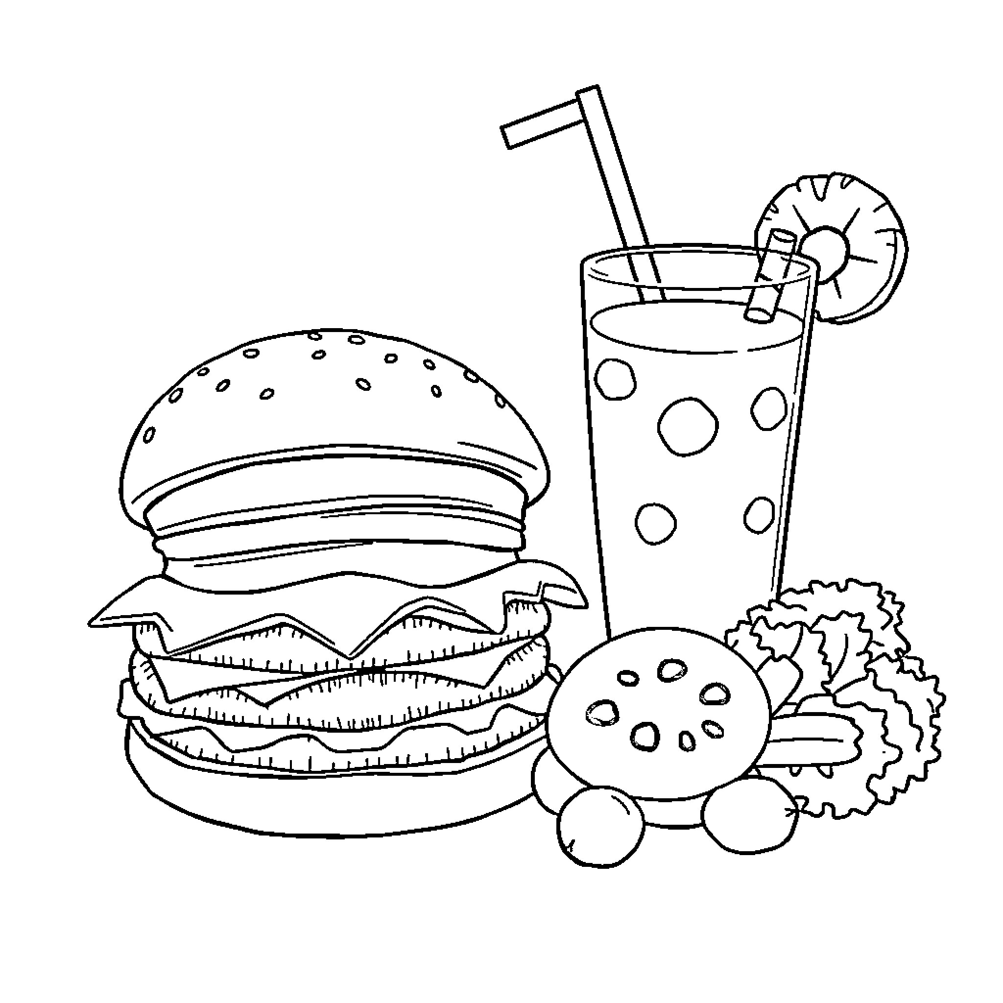 Food with drinks and accessories Coloring Page (free black-and-white line drawing printable PDF for all, from beginners to advanced learners, including children, teens, adults, and seniors)