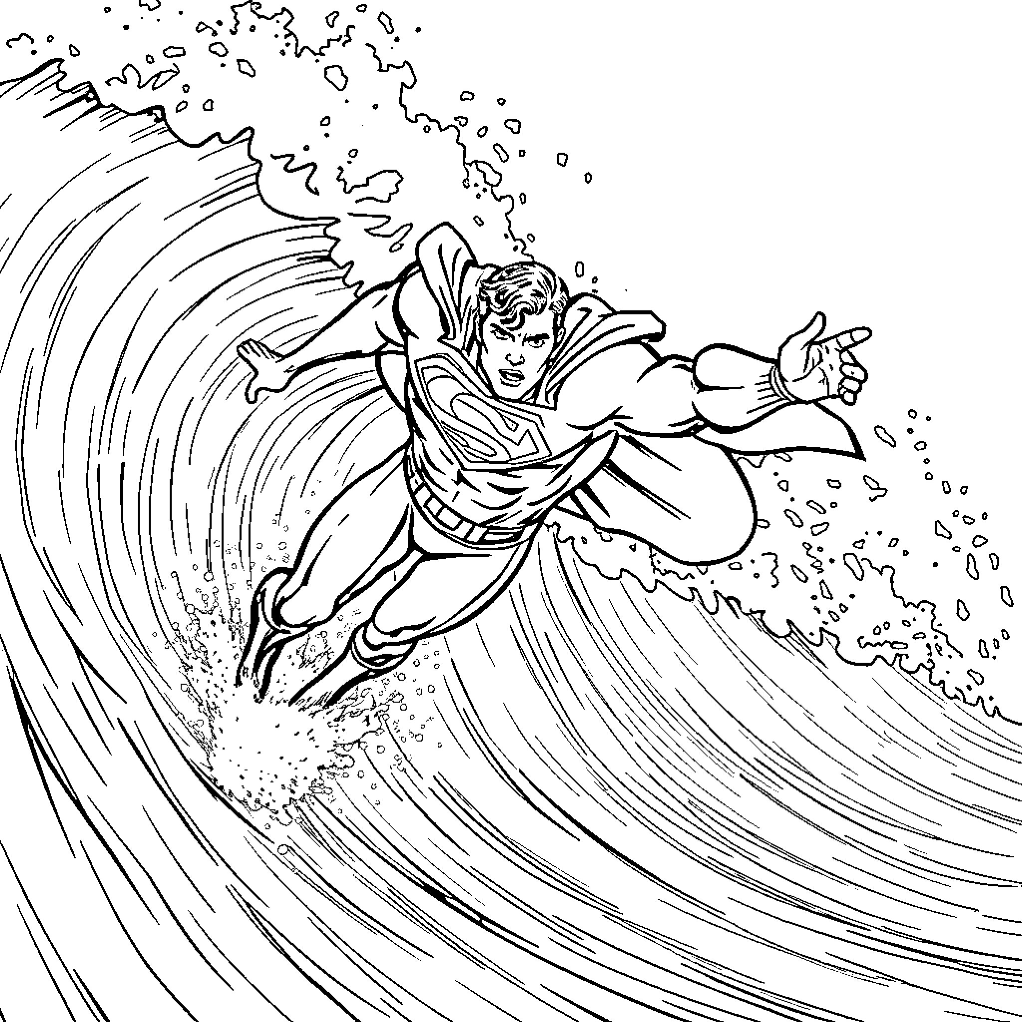 Superman surfing powerful ocean waves Coloring Page (free black-and-white line drawing printable PDF for all, from beginners to advanced learners, including children, teens, adults, and seniors)