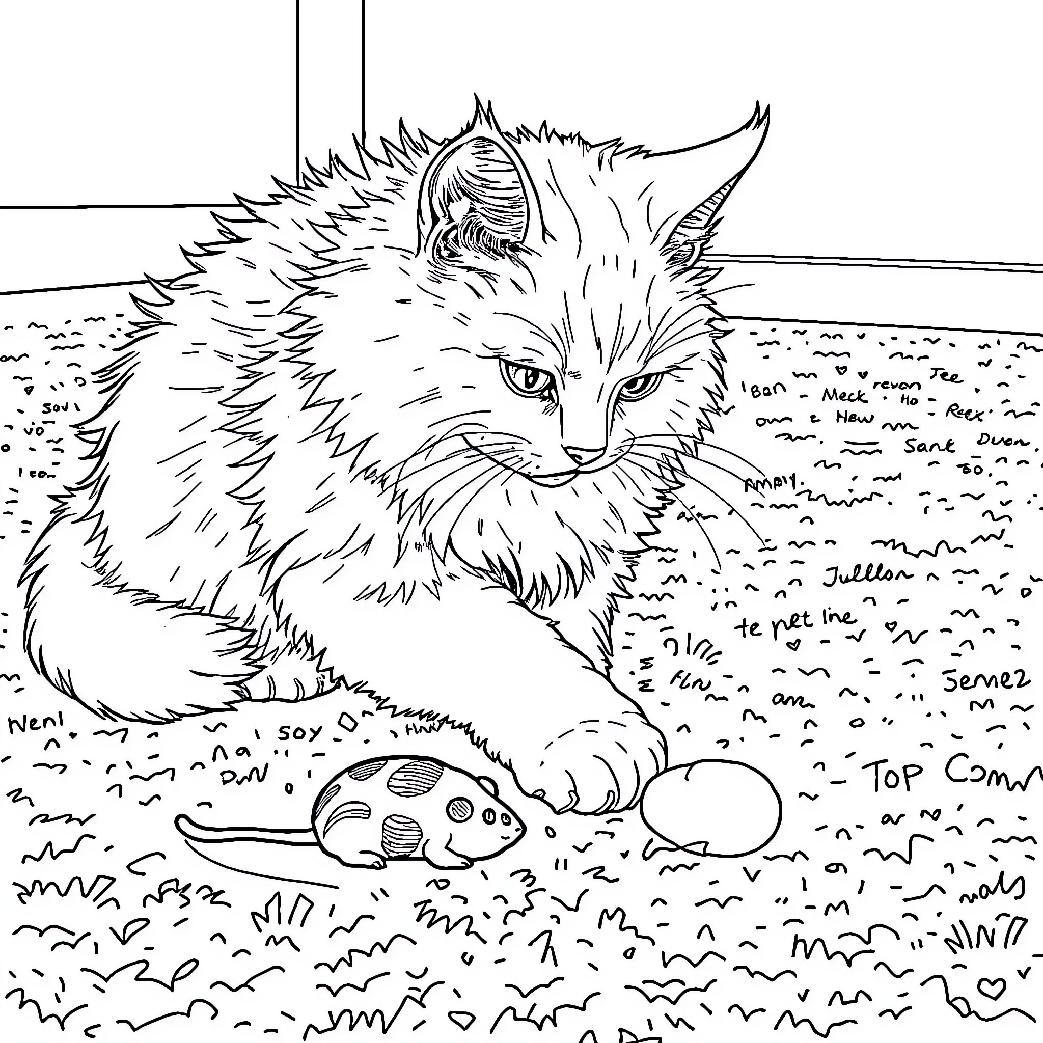 Cat exploring fish in the sand Coloring Page (free black-and-white line drawing printable PDF for all, from beginners to advanced learners, including children, teens, adults, and seniors)