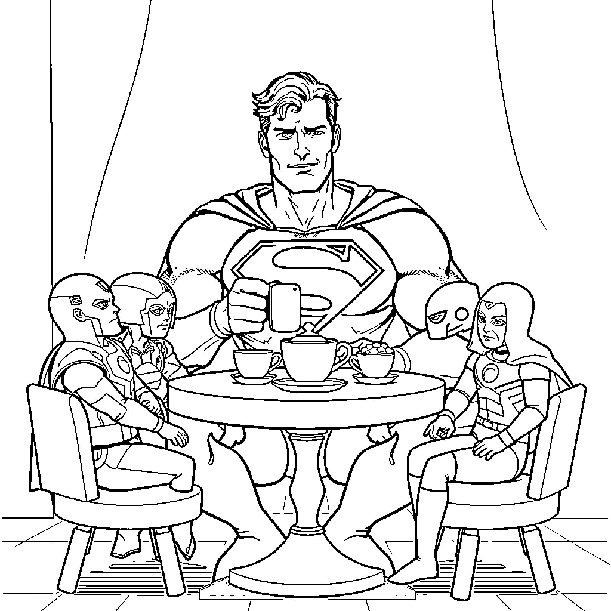 Superman Enjoying Coffee with Superhero Friends Coloring Page (free black-and-white line drawing printable PDF for all, from beginners to advanced learners, including children, teens, adults, and seniors)