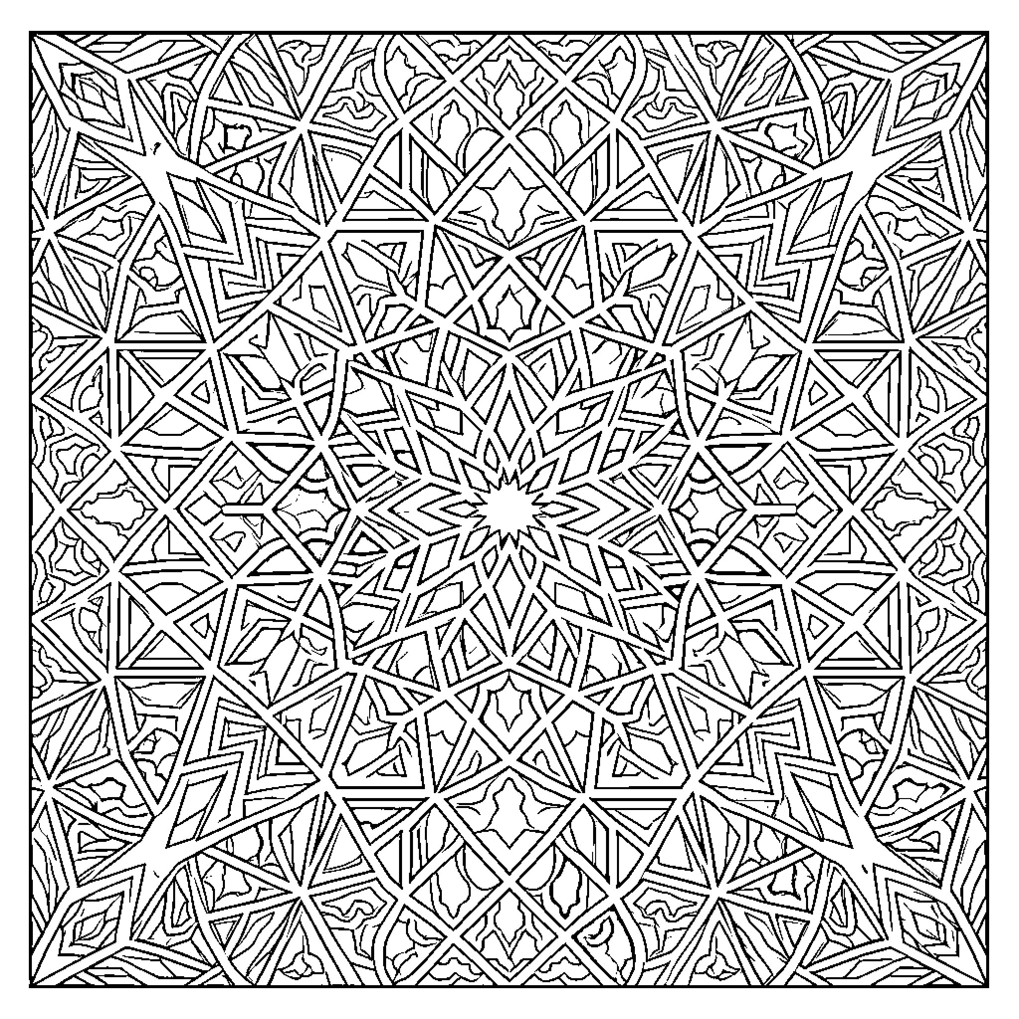 Geometric Pattern of Intricate Triangular Shapes Coloring Page (free black-and-white line drawing printable PDF for all, from beginners to advanced learners, including children, teens, adults, and seniors)