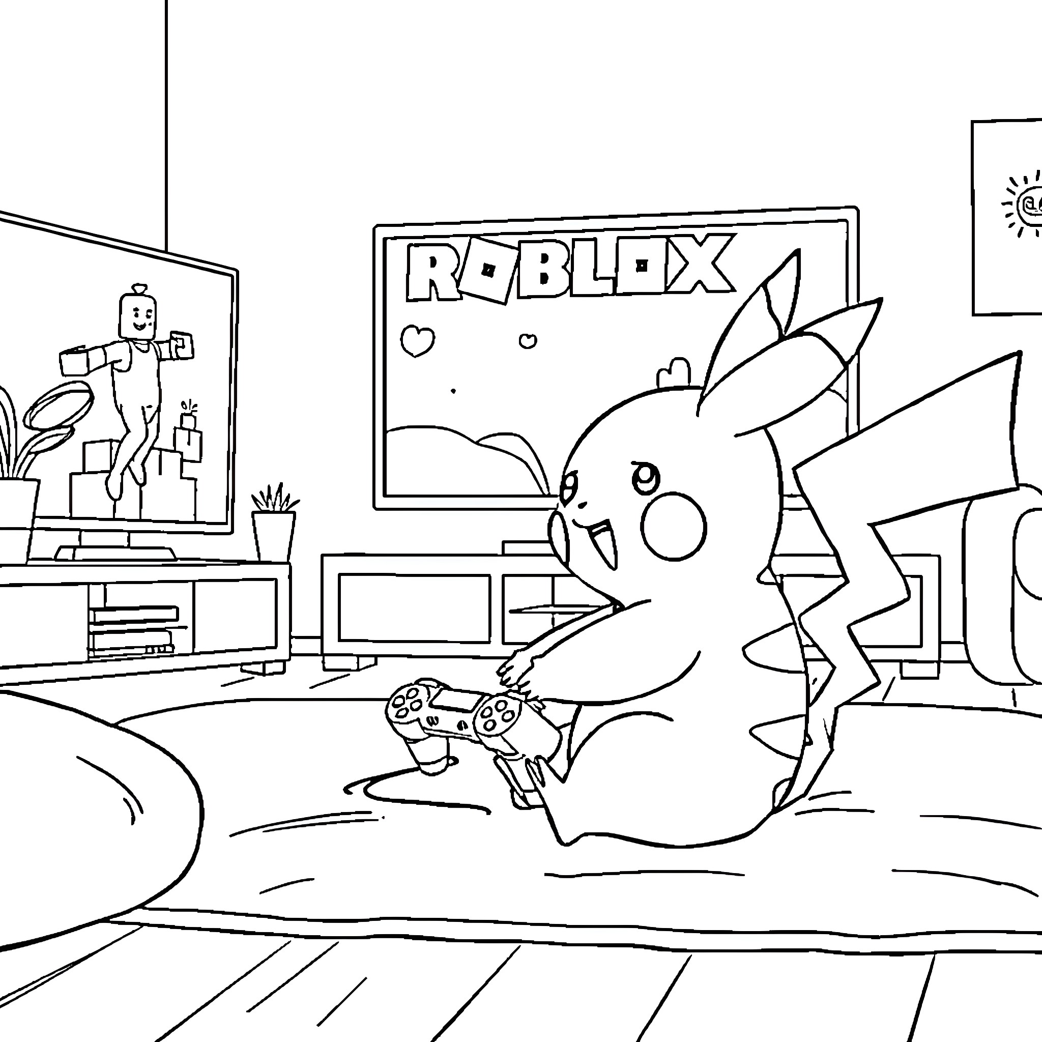 Pikachu Enjoying Roblox Gaming Coloring Page (free black-and-white line drawing printable PDF for all, from beginners to advanced learners, including children, teens, adults, and seniors)