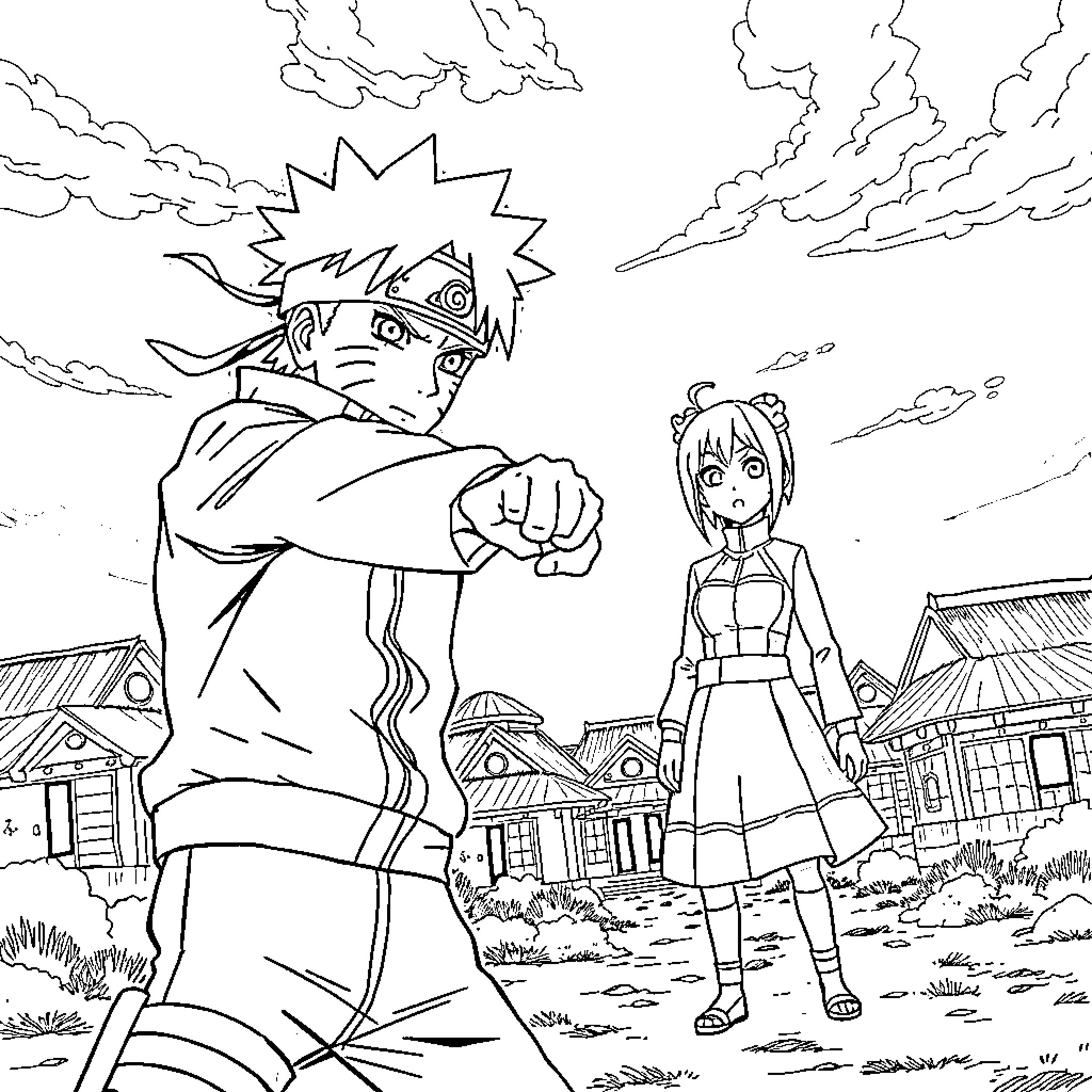 Naruto and Sakura in a Ninja Village Landscape Coloring Page (free black-and-white line drawing printable PDF for all, from beginners to advanced learners, including children, teens, adults, and seniors)