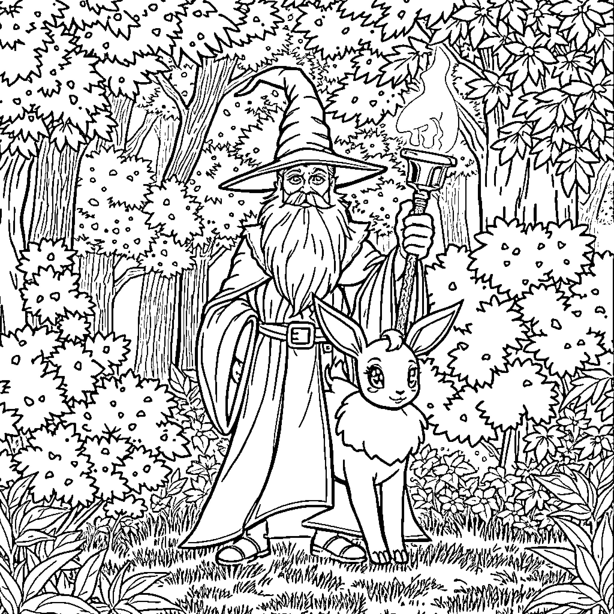 Wizard exploring enchanted forest with companion Coloring Page (free black-and-white line drawing printable PDF for all, from beginners to advanced learners, including children, teens, adults, and seniors)