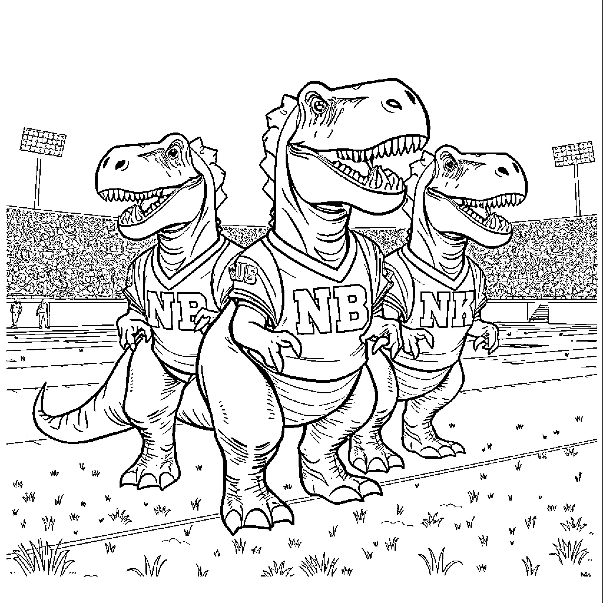 Stegosaurus dinosaurs playing on a sports field Coloring Page (free black-and-white line drawing printable PDF for all, from beginners to advanced learners, including children, teens, adults, and seniors)