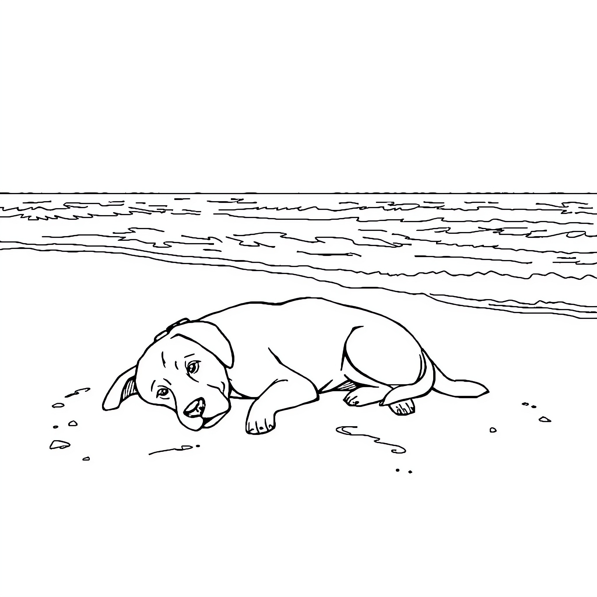 Dog relaxing on the beach Coloring Page (free black-and-white line drawing printable PDF for all, from beginners to advanced learners, including children, teens, adults, and seniors)
