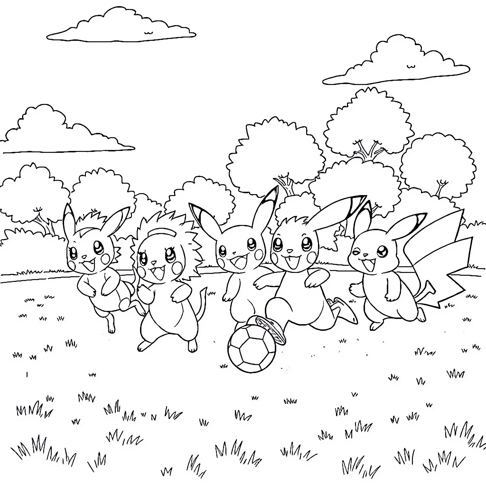 Pokémon characters playing with a soccer ball in the park Coloring Page (free black-and-white line drawing printable PDF for all, from beginners to advanced learners, including children, teens, adults, and seniors)
