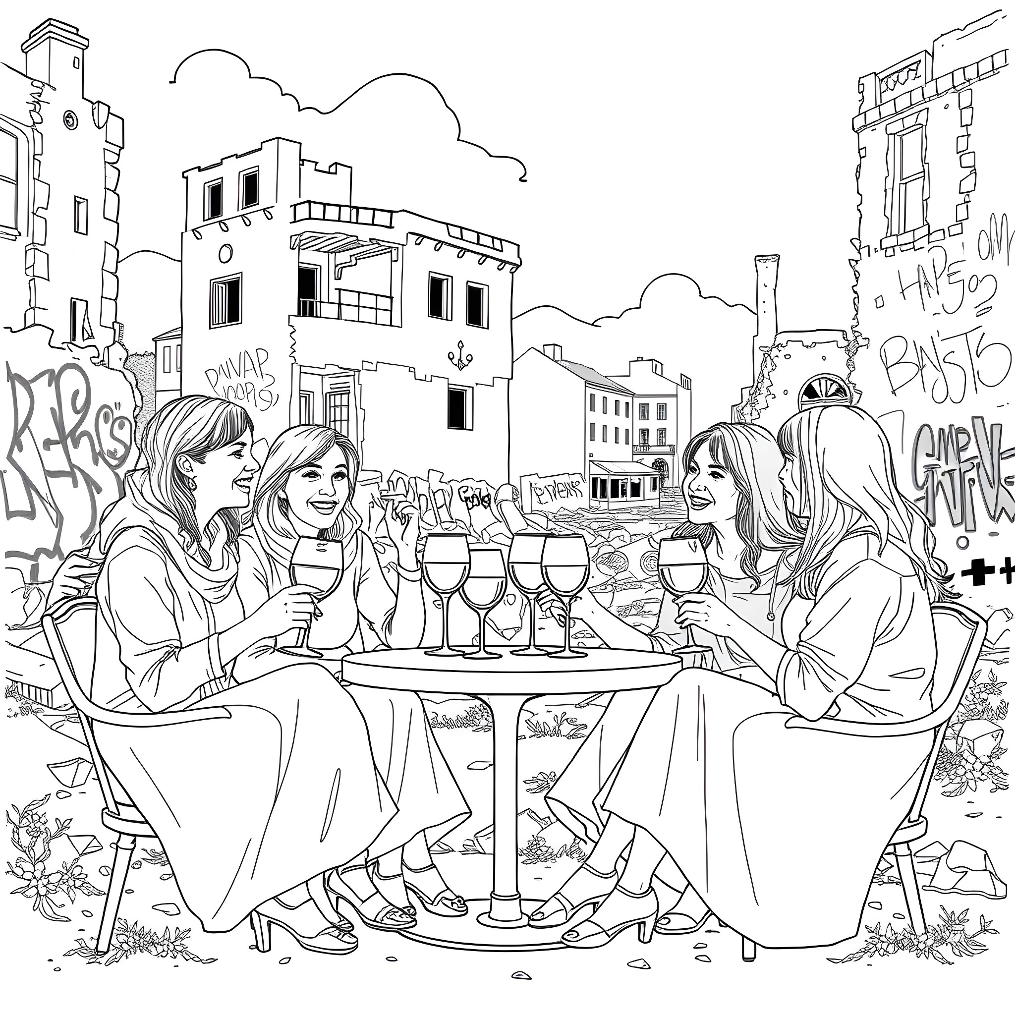 Girls enjoying wine on a city street Coloring Page (free black-and-white line drawing printable PDF for all, from beginners to advanced learners, including children, teens, adults, and seniors)