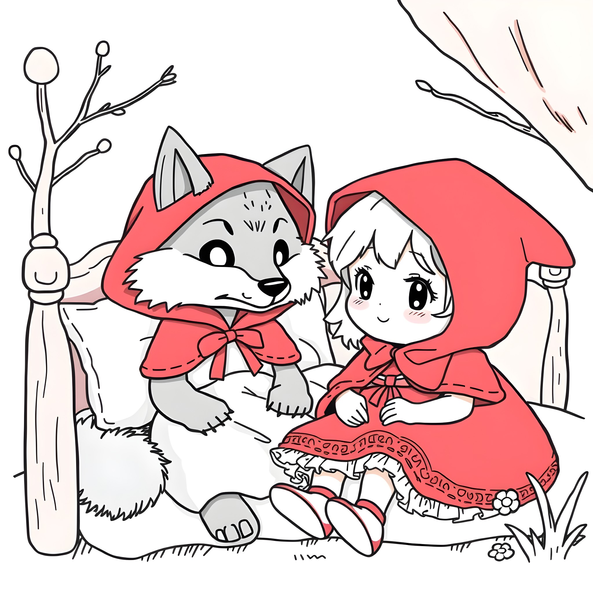 My Melody - Little Red Riding Hood and wolf enjoying nature Coloring Page (free black-and-white line drawing printable PDF for all, from beginners to advanced learners, including children, teens, adults, and seniors)