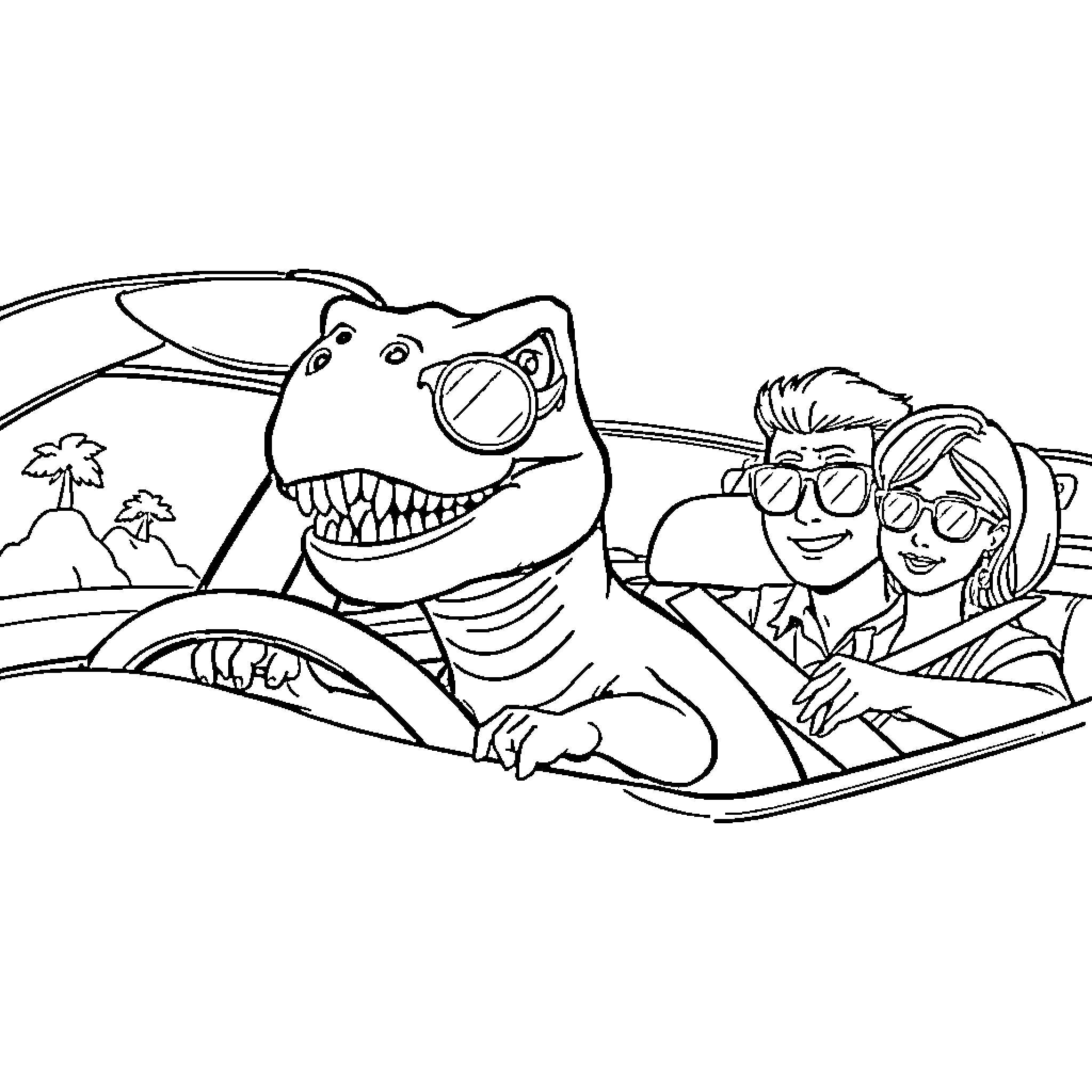 T-Rex riding happily with family in car Coloring Page (free black-and-white line drawing printable PDF for all, from beginners to advanced learners, including children, teens, adults, and seniors)