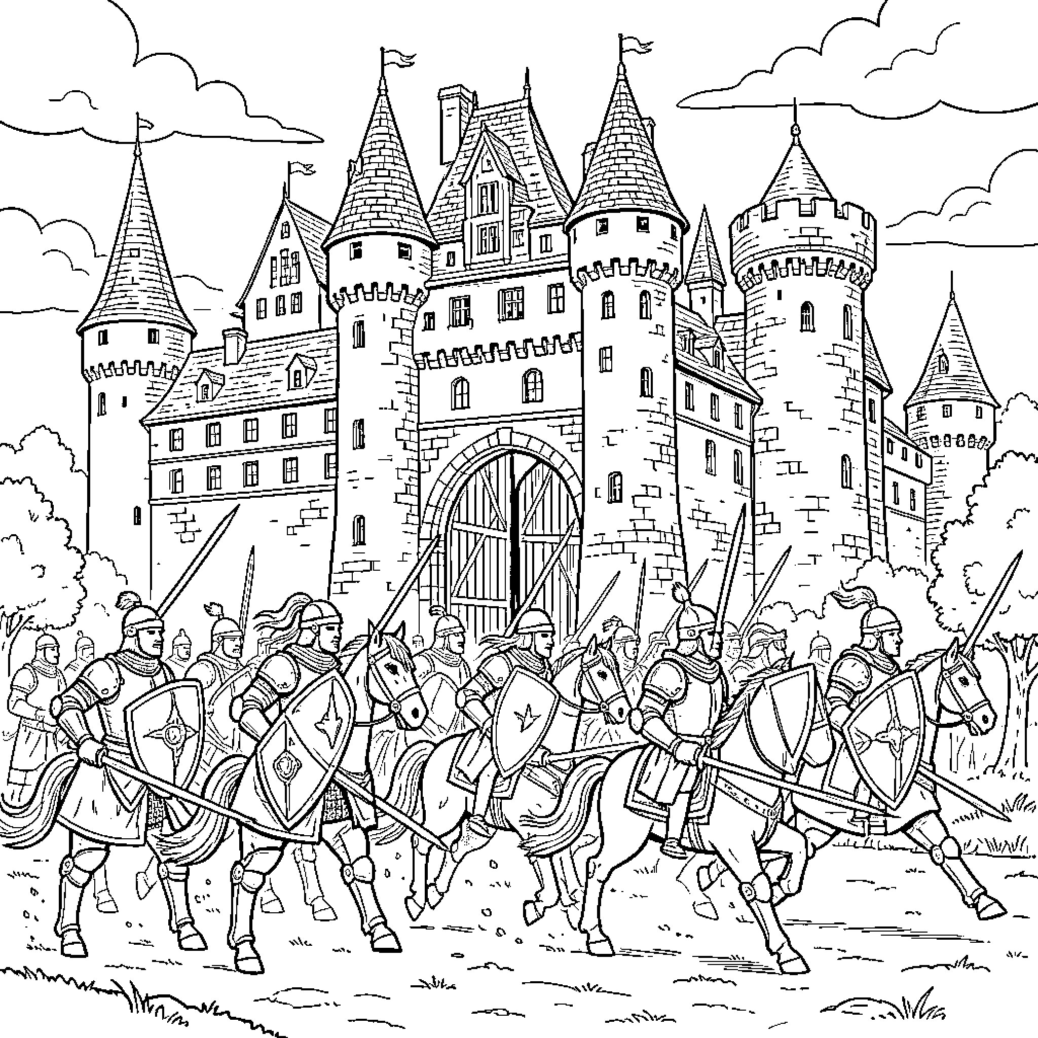 Knight riders charging forward in front of a castle Coloring Page (free black-and-white line drawing printable PDF for all, from beginners to advanced learners, including children, teens, adults, and seniors)