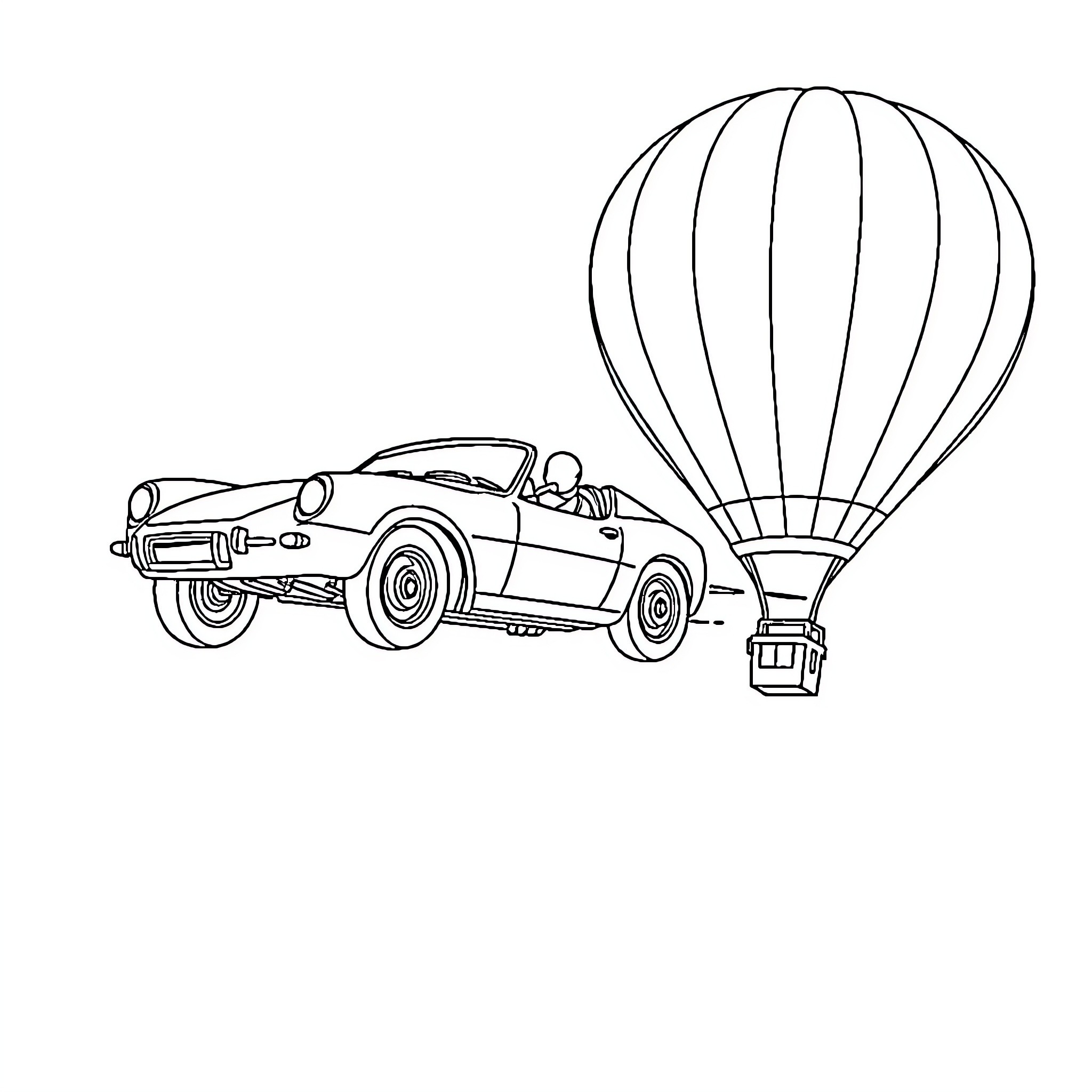 Car in flight with hot air balloon Coloring Page (free black-and-white line drawing printable PDF for all, from beginners to advanced learners, including children, teens, adults, and seniors)