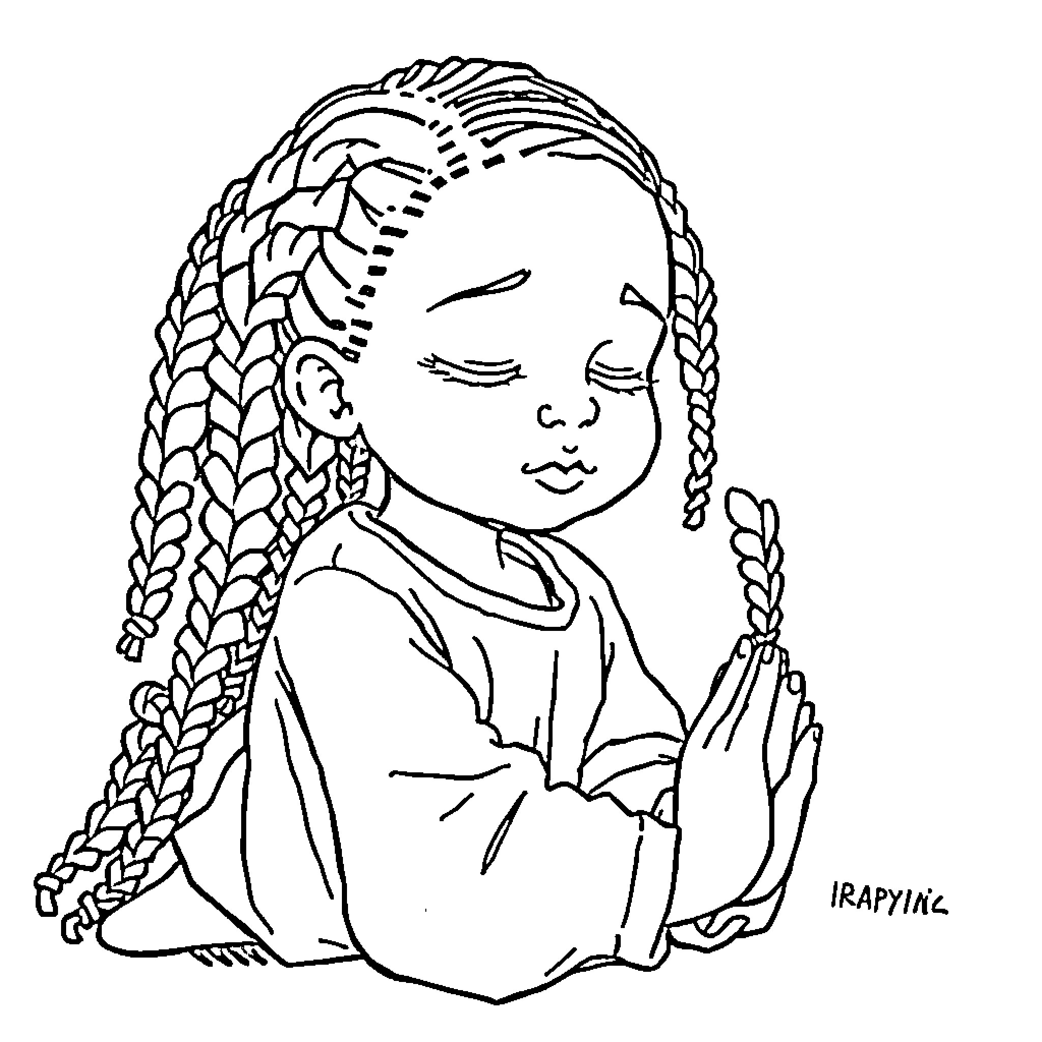 Girl with Braided Hair Meditating Peacefully Coloring Page (free black-and-white line drawing printable PDF for all, from beginners to advanced learners, including children, teens, adults, and seniors)