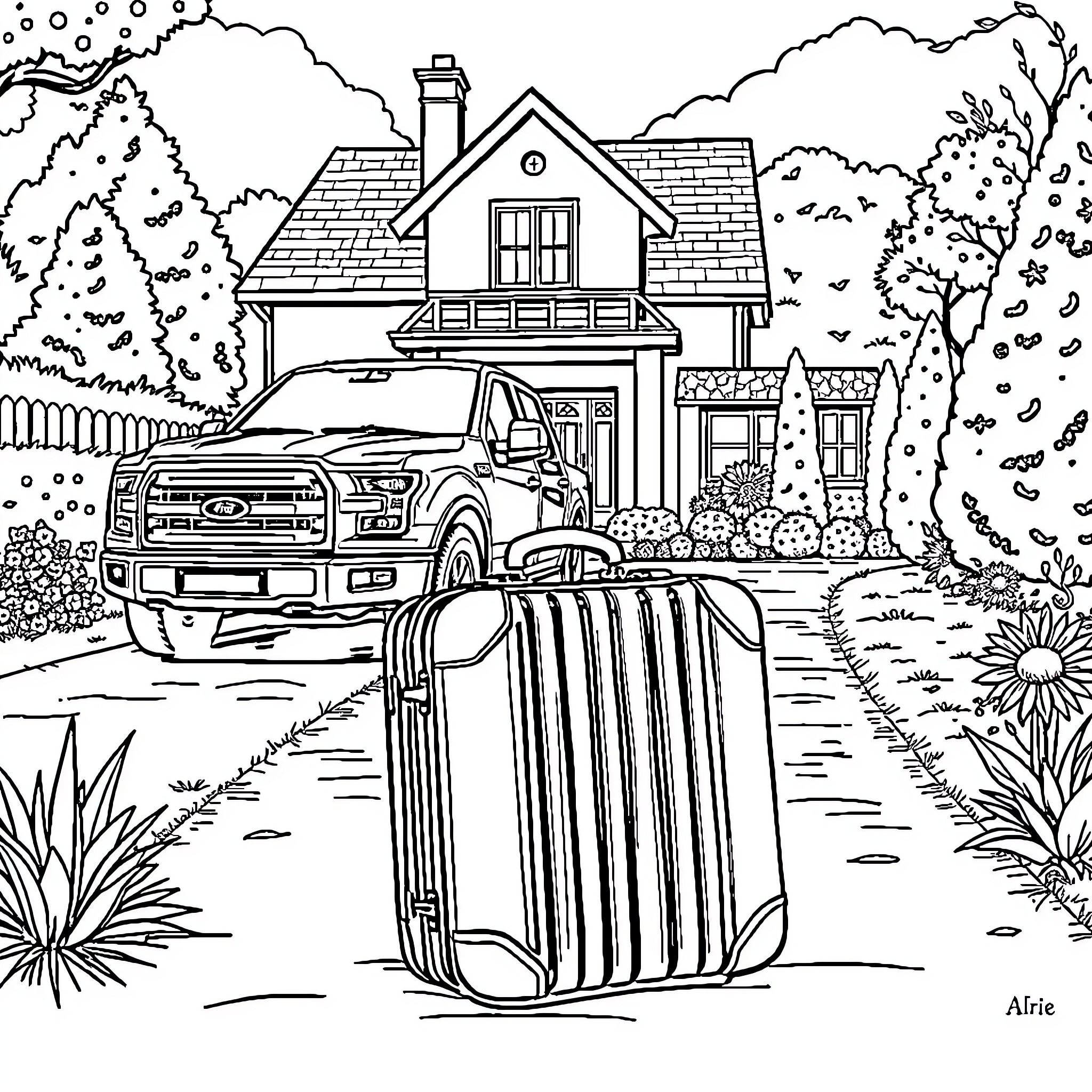 Valise on a Country Road with Truck and House Coloring Page (free black-and-white line drawing printable PDF for all, from beginners to advanced learners, including children, teens, adults, and seniors)