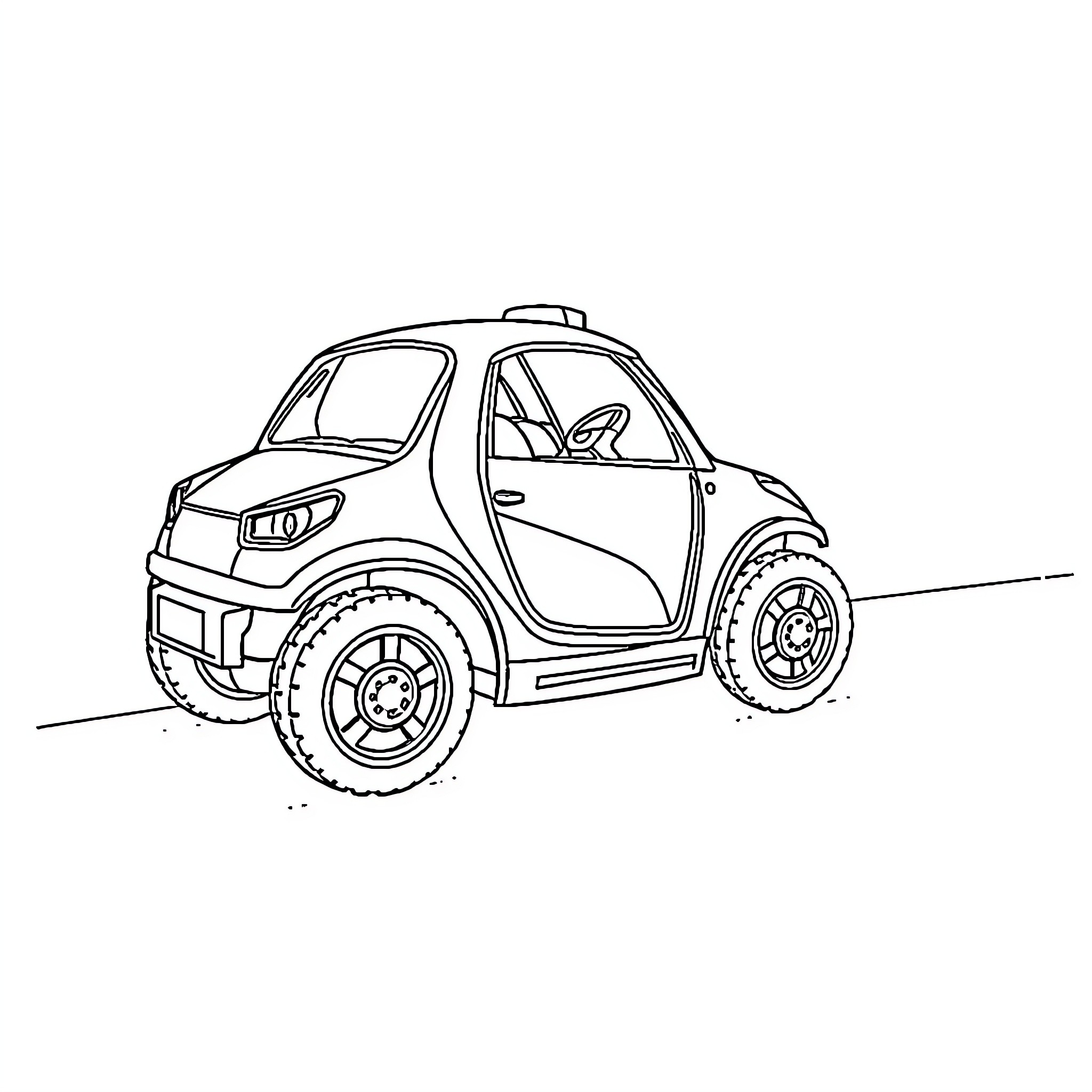 Voiture with large tires navigating terrain Coloring Page (free black-and-white line drawing printable PDF for all, from beginners to advanced learners, including children, teens, adults, and seniors)