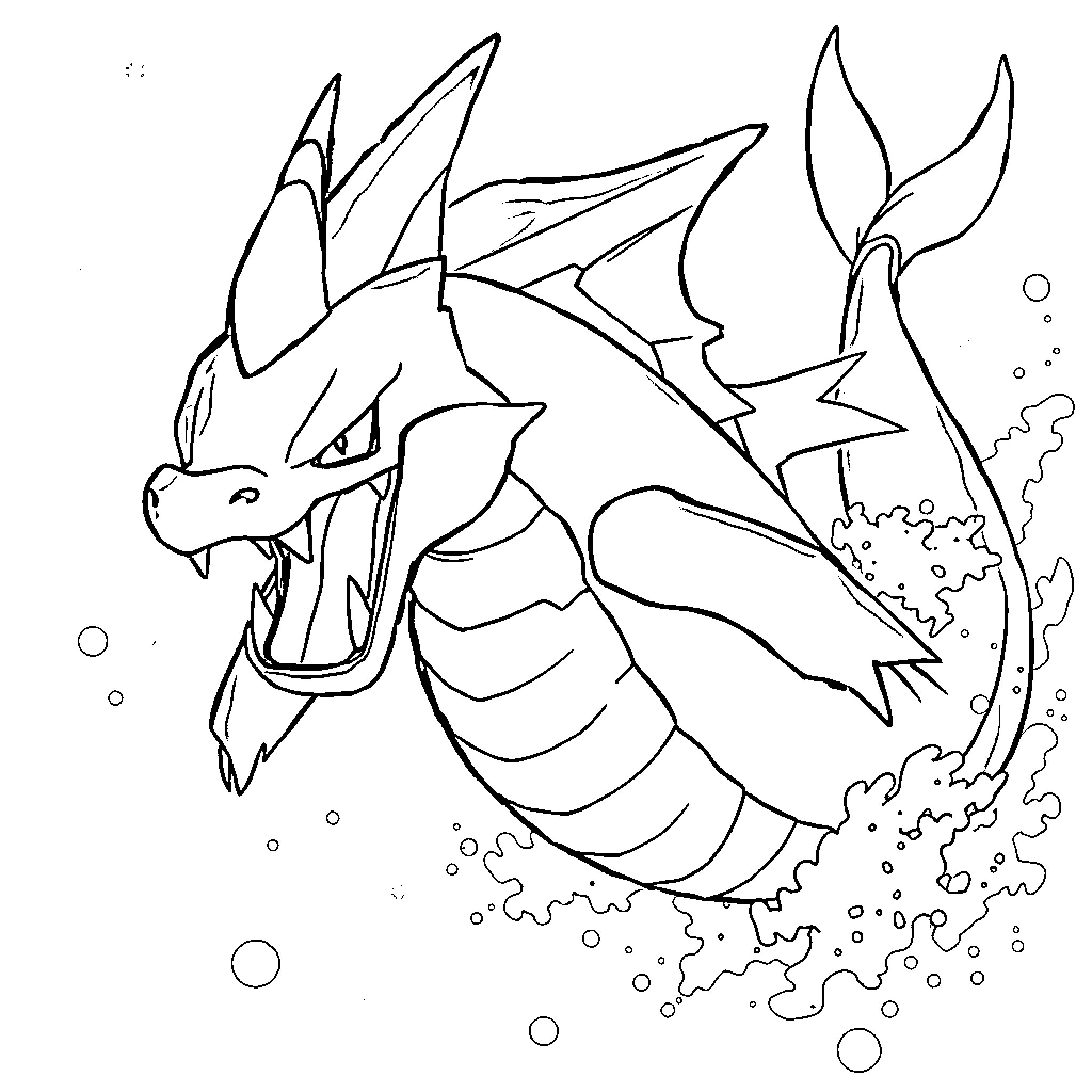 Gyarados unleashing powerful aquatic attack Coloring Page (free black-and-white line drawing printable PDF for all, from beginners to advanced learners, including children, teens, adults, and seniors)