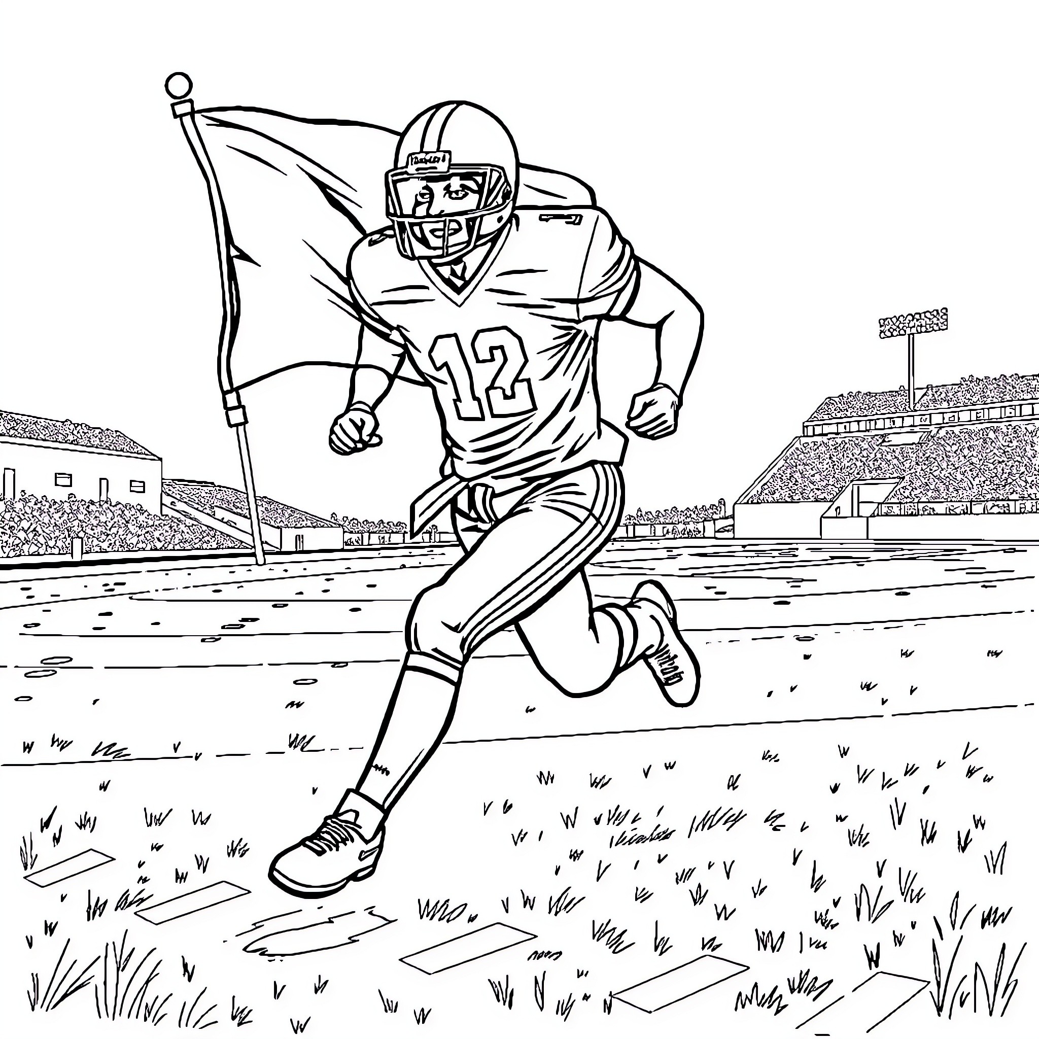 Flag Football Player Running Downfield with Determination Coloring Page (free black-and-white line drawing printable PDF for all, from beginners to advanced learners, including children, teens, adults, and seniors)