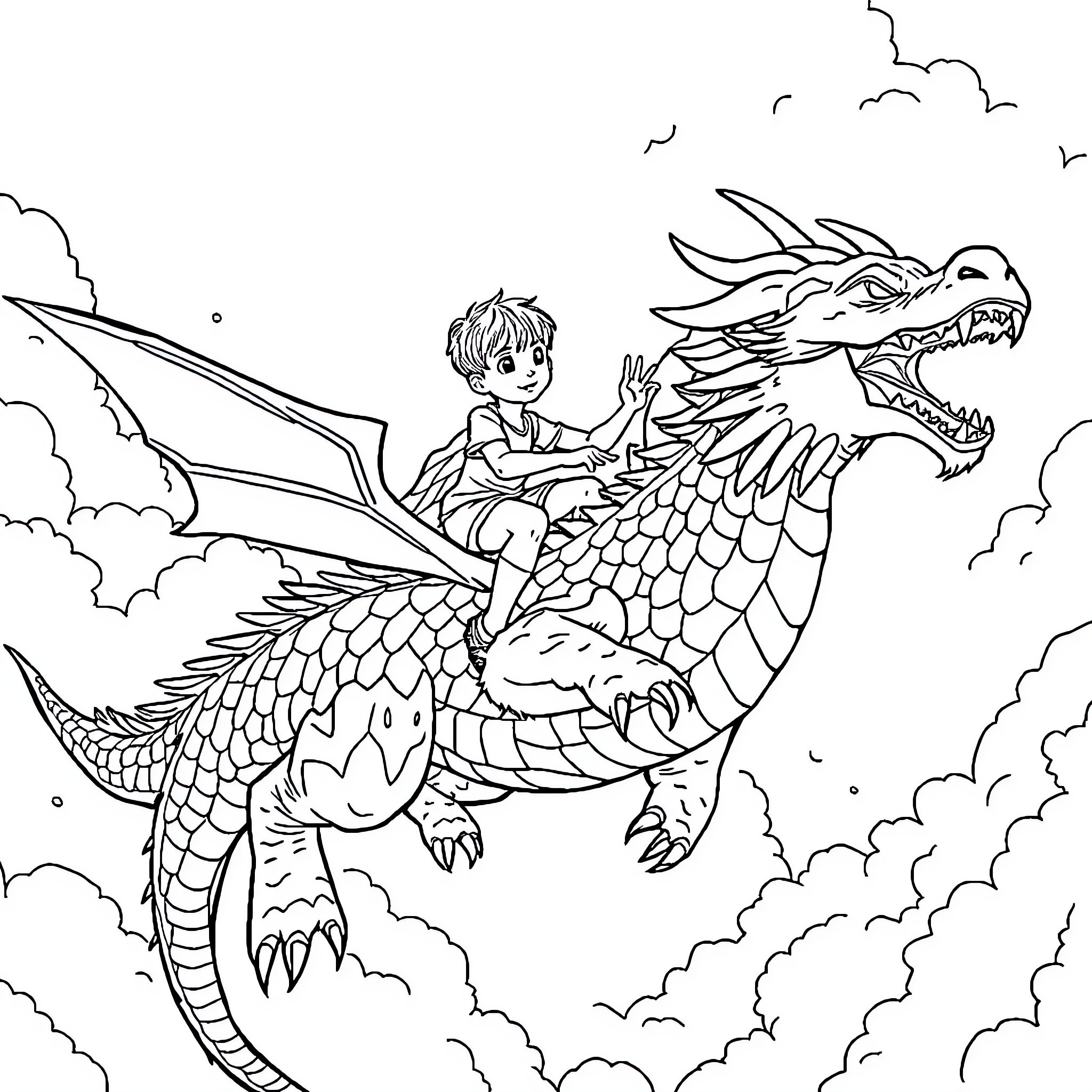 Boy riding a fierce dragon in the sky Coloring Page (free black-and-white line drawing printable PDF for all, from beginners to advanced learners, including children, teens, adults, and seniors)