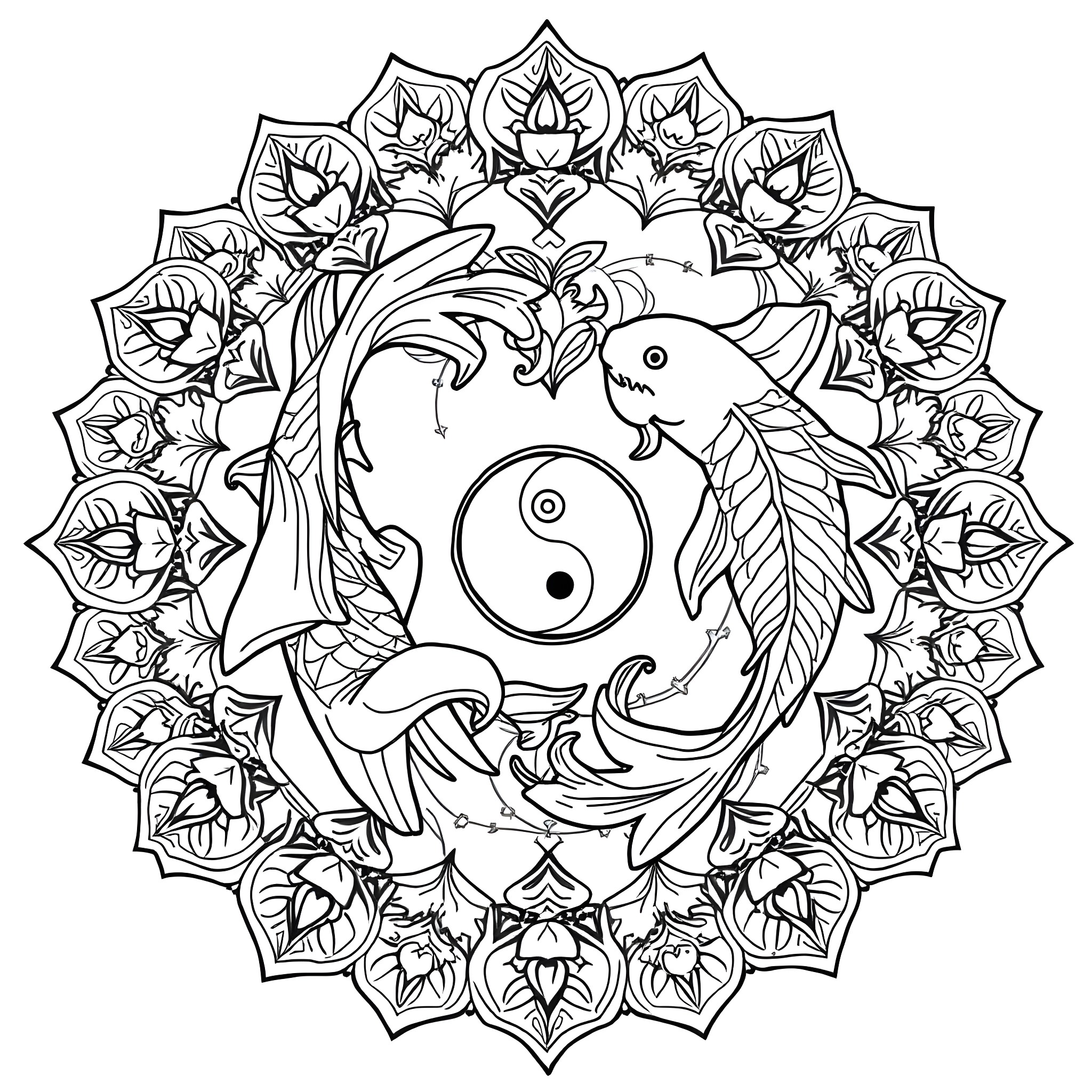 Koi Fish Mandala with Yin Yang Symbolism Coloring Page (free black-and-white line drawing printable PDF for all, from beginners to advanced learners, including children, teens, adults, and seniors)