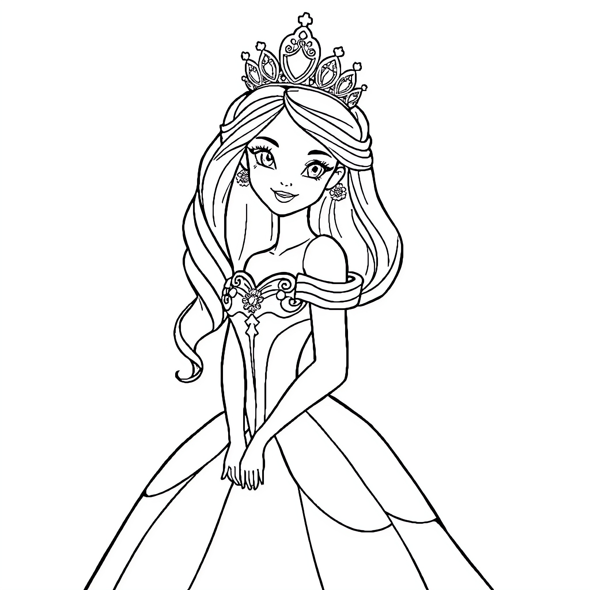 Princess in Elegant Attire and Tiara Coloring Page (free black-and-white line drawing printable PDF for all, from beginners to advanced learners, including children, teens, adults, and seniors)