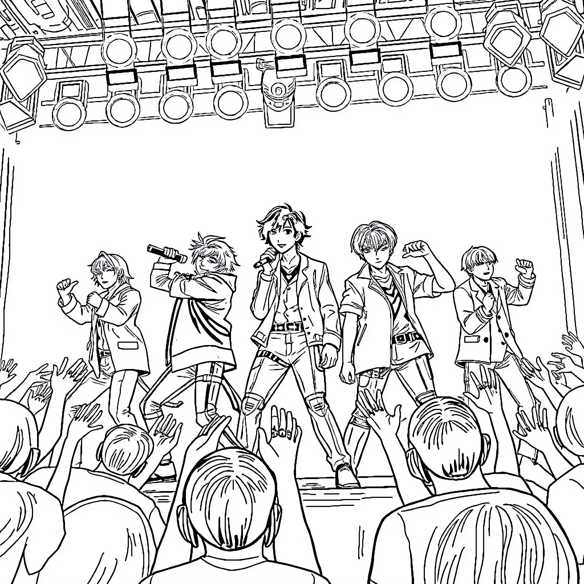 Demon Hunter Band Performing on Stage Coloring Page (free black-and-white line drawing printable PDF for all, from beginners to advanced learners, including children, teens, adults, and seniors)