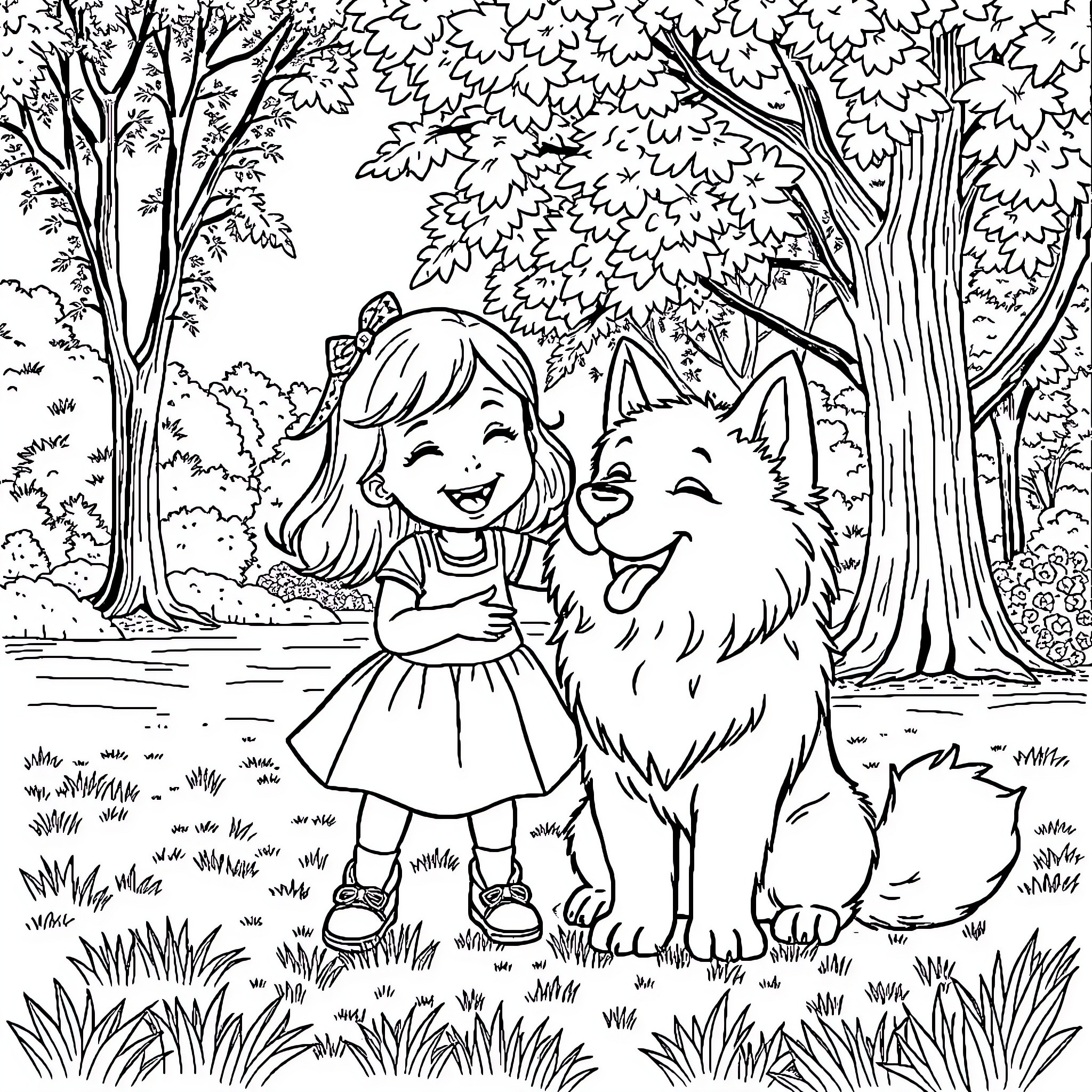 Girl playing happily with her furry companion in the forest Coloring Page (free black-and-white line drawing printable PDF for all, from beginners to advanced learners, including children, teens, adults, and seniors)