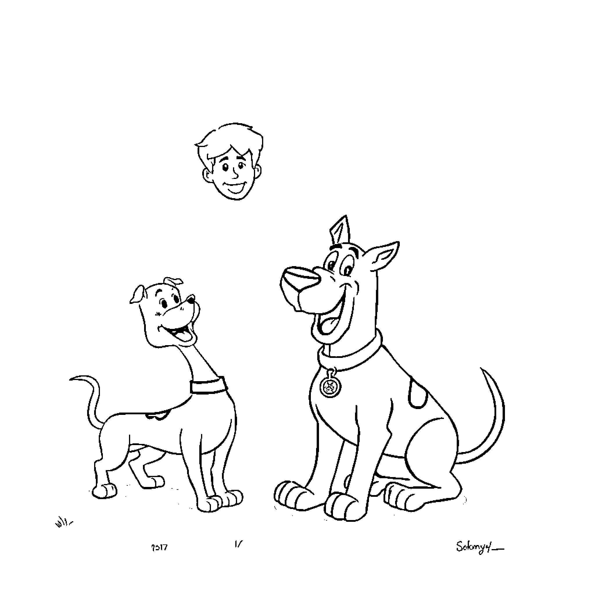 Scooby Doo and friends in an animated drawing Coloring Page (free black-and-white line drawing printable PDF for all, from beginners to advanced learners, including children, teens, adults, and seniors)