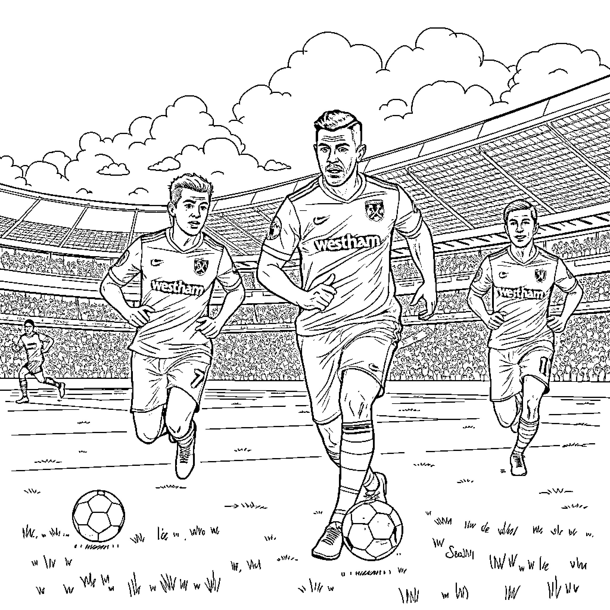 West Ham players in action on the soccer field Coloring Page (free black-and-white line drawing printable PDF for all, from beginners to advanced learners, including children, teens, adults, and seniors)