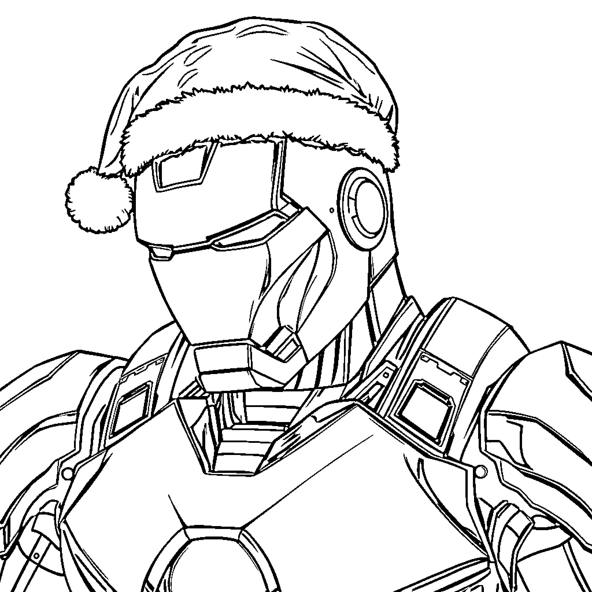 Iron Man wearing a festive holiday helmet Coloring Page (free black-and-white line drawing printable PDF for all, from beginners to advanced learners, including children, teens, adults, and seniors)