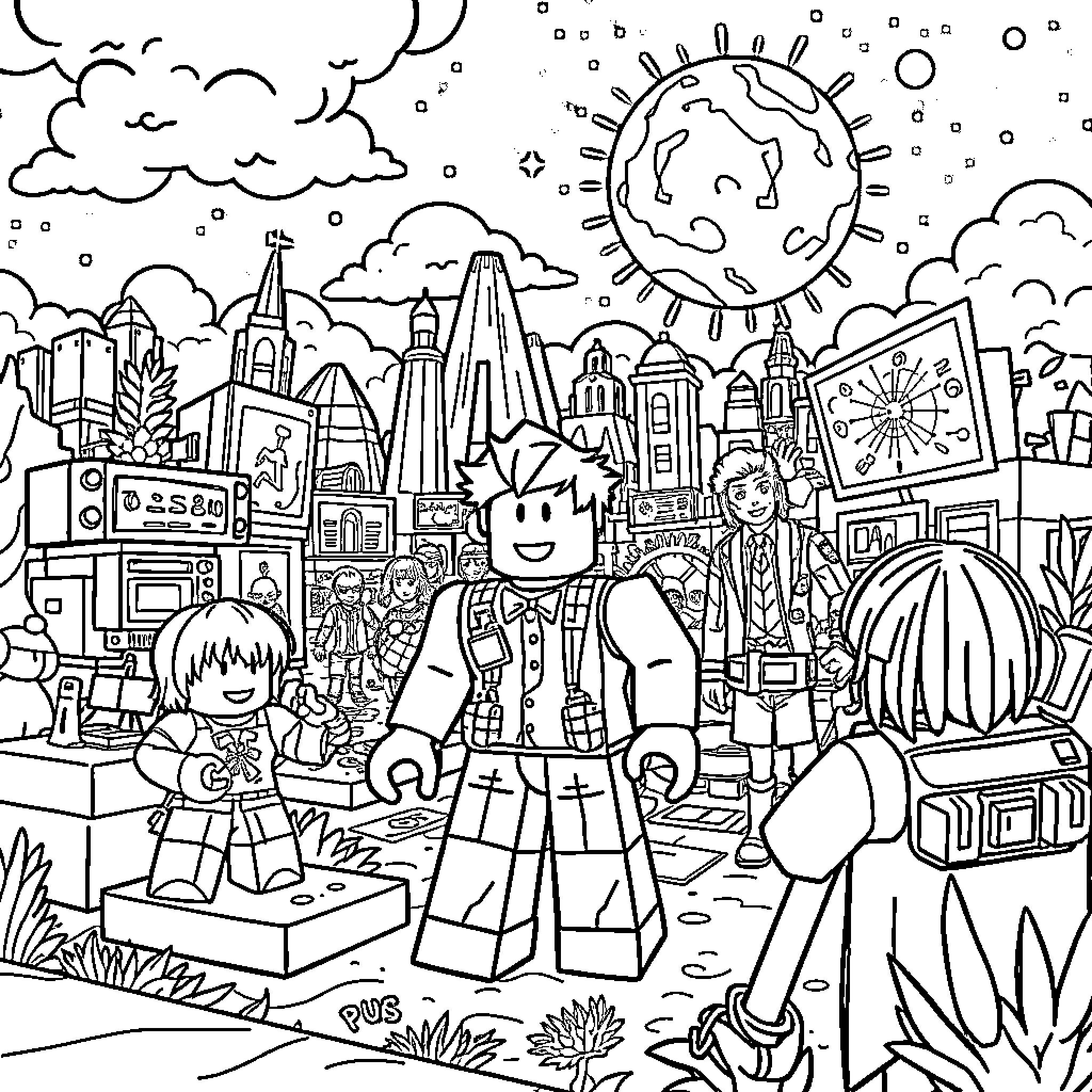Roblox Characters Exploring Vibrant Cityscape Coloring Page (free black-and-white line drawing printable PDF for all, from beginners to advanced learners, including children, teens, adults, and seniors)