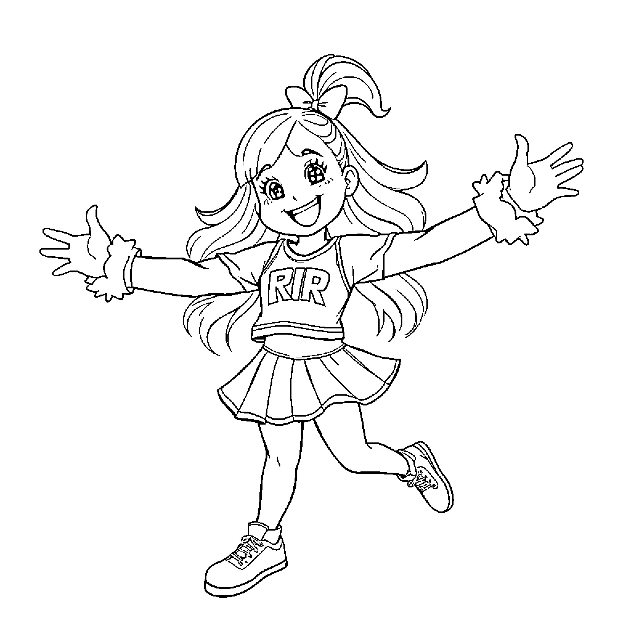 Rumi cheerfully cheering in her sports uniform Coloring Page (free black-and-white line drawing printable PDF for all, from beginners to advanced learners, including children, teens, adults, and seniors)