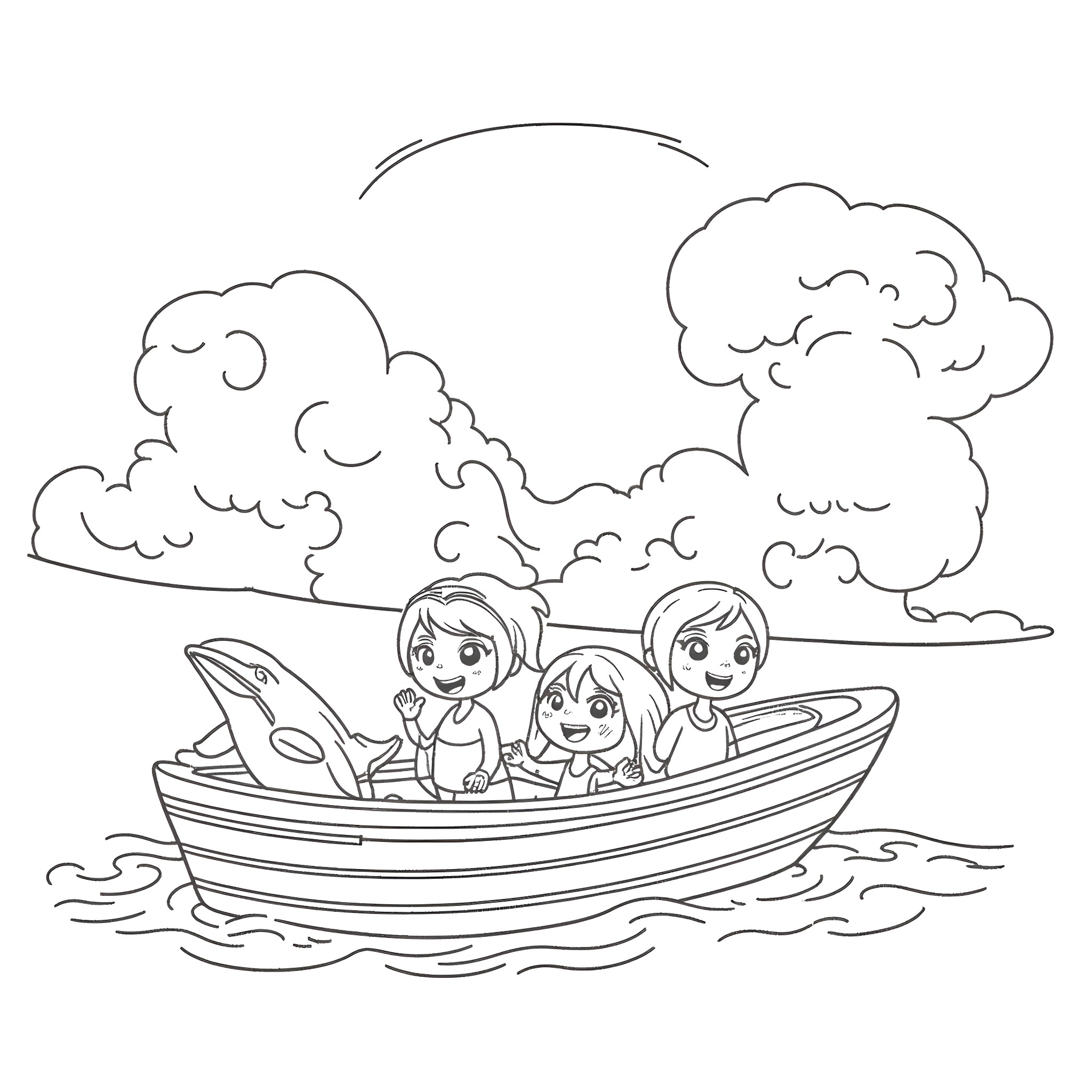 Orca children enjoying a boat ride on the waves Coloring Page (free black-and-white line drawing printable PDF for all, from beginners to advanced learners, including children, teens, adults, and seniors)