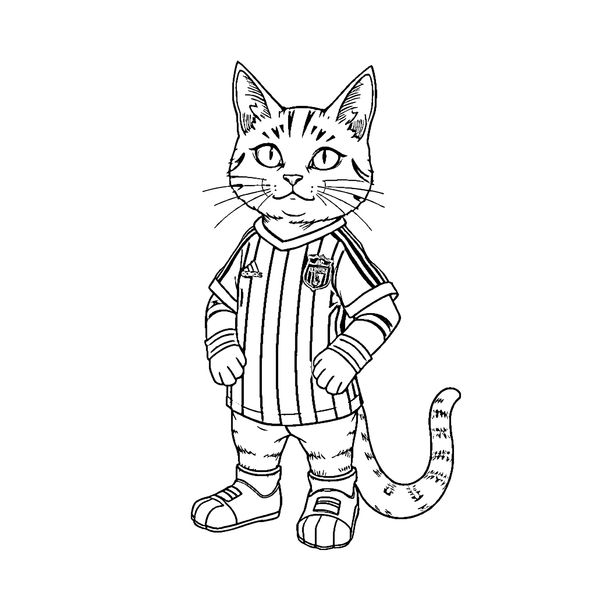 Cat wearing striped outfit and shoes Coloring Page (free black-and-white line drawing printable PDF for all, from beginners to advanced learners, including children, teens, adults, and seniors)