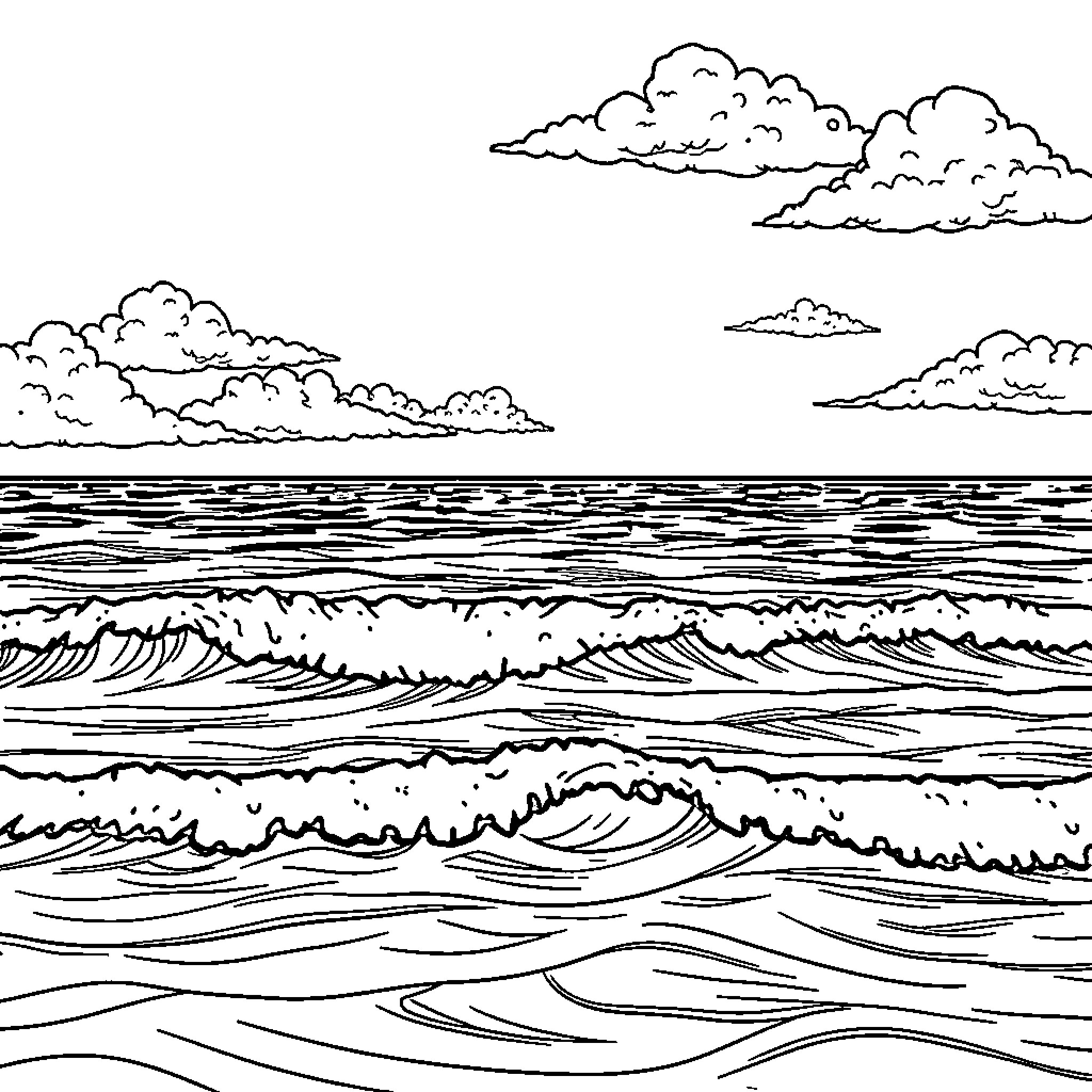 Landscape of stormy ocean waves and cloudy sky Coloring Page (free black-and-white line drawing printable PDF for all, from beginners to advanced learners, including children, teens, adults, and seniors)