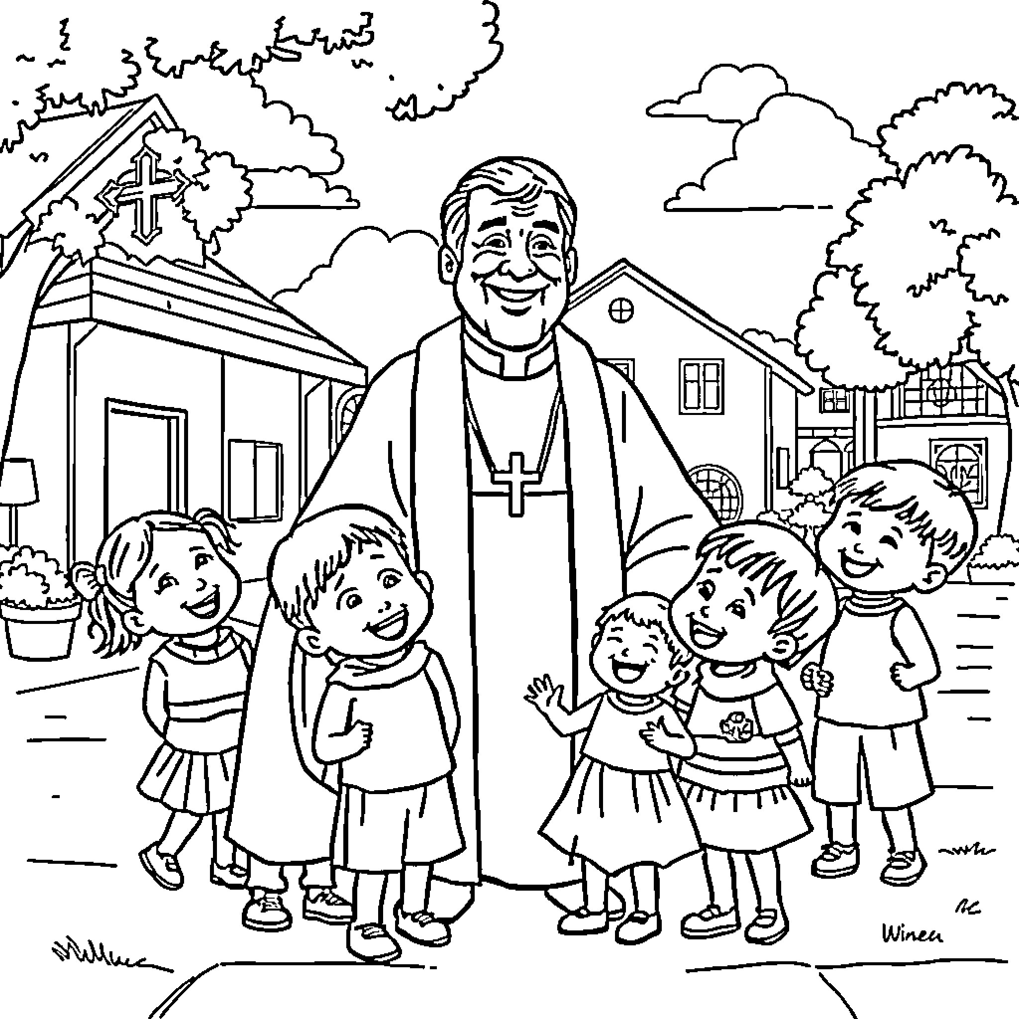 Don Bosco Interacts with Children in a Joyful Scene Coloring Page (free black-and-white line drawing printable PDF for all, from beginners to advanced learners, including children, teens, adults, and seniors)