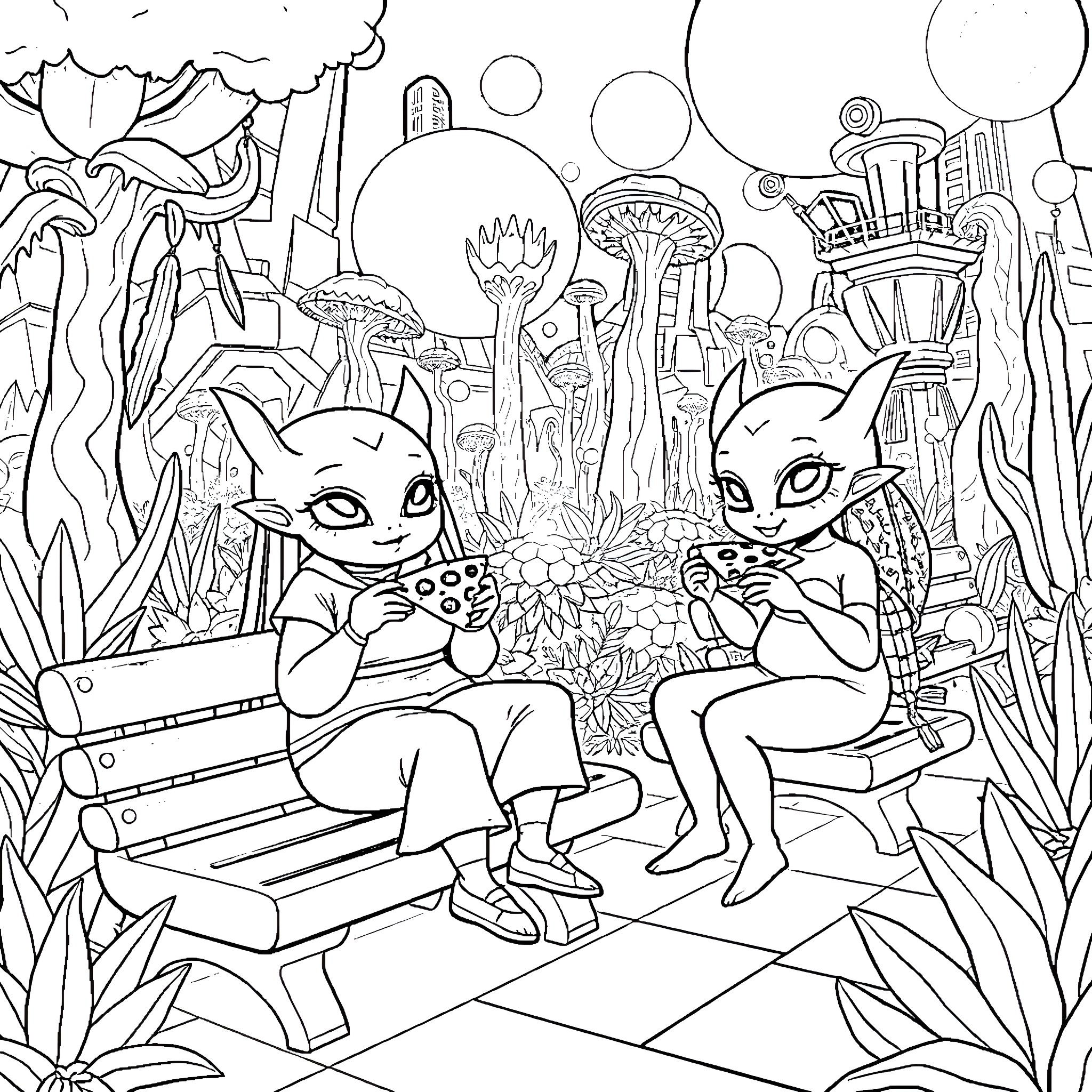Alien creatures exploring a surreal landscape Coloring Page (free black-and-white line drawing printable PDF for all, from beginners to advanced learners, including children, teens, adults, and seniors)