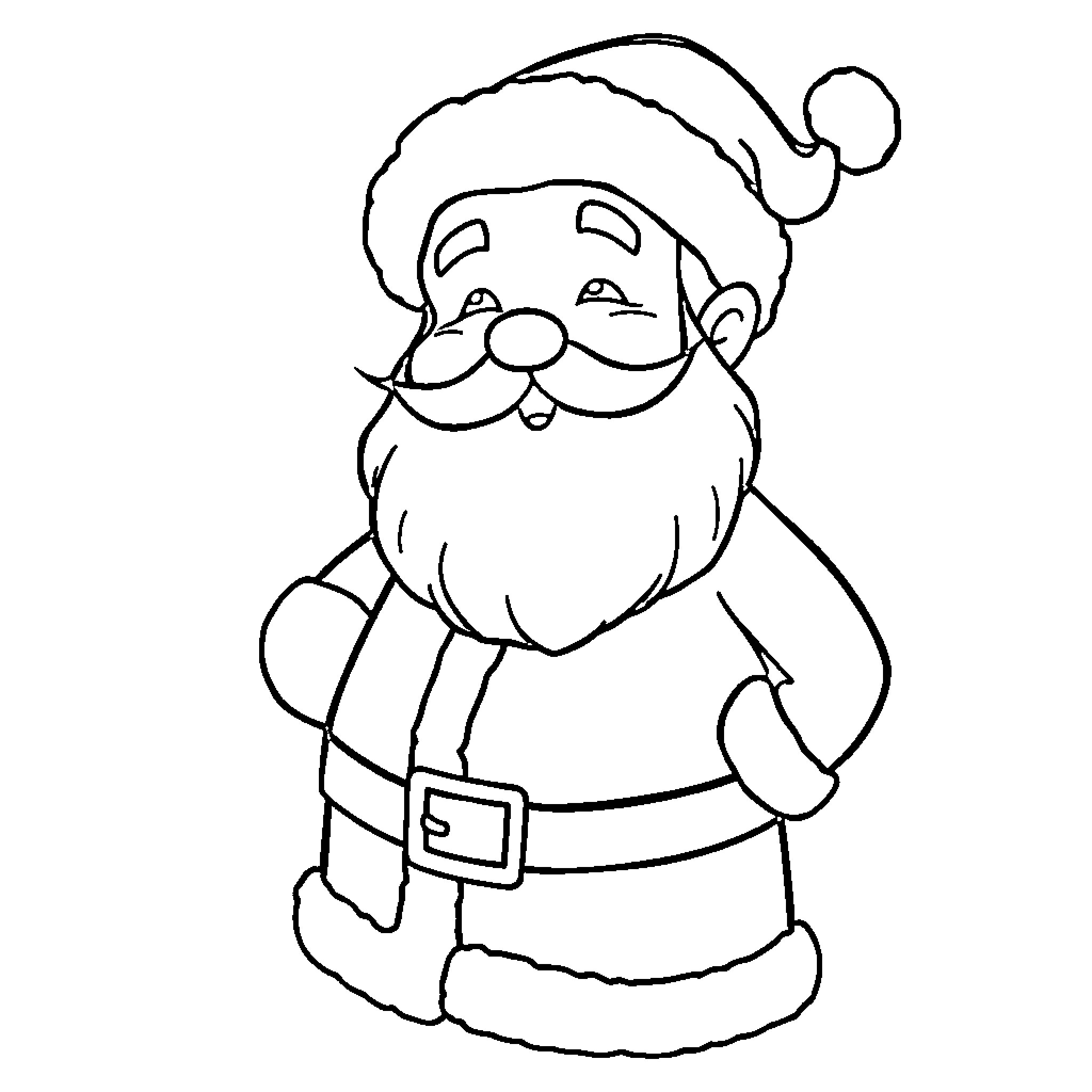 Santa smiling cheerfully in his festive outfit Coloring Page (free black-and-white line drawing printable PDF for all, from beginners to advanced learners, including children, teens, adults, and seniors)