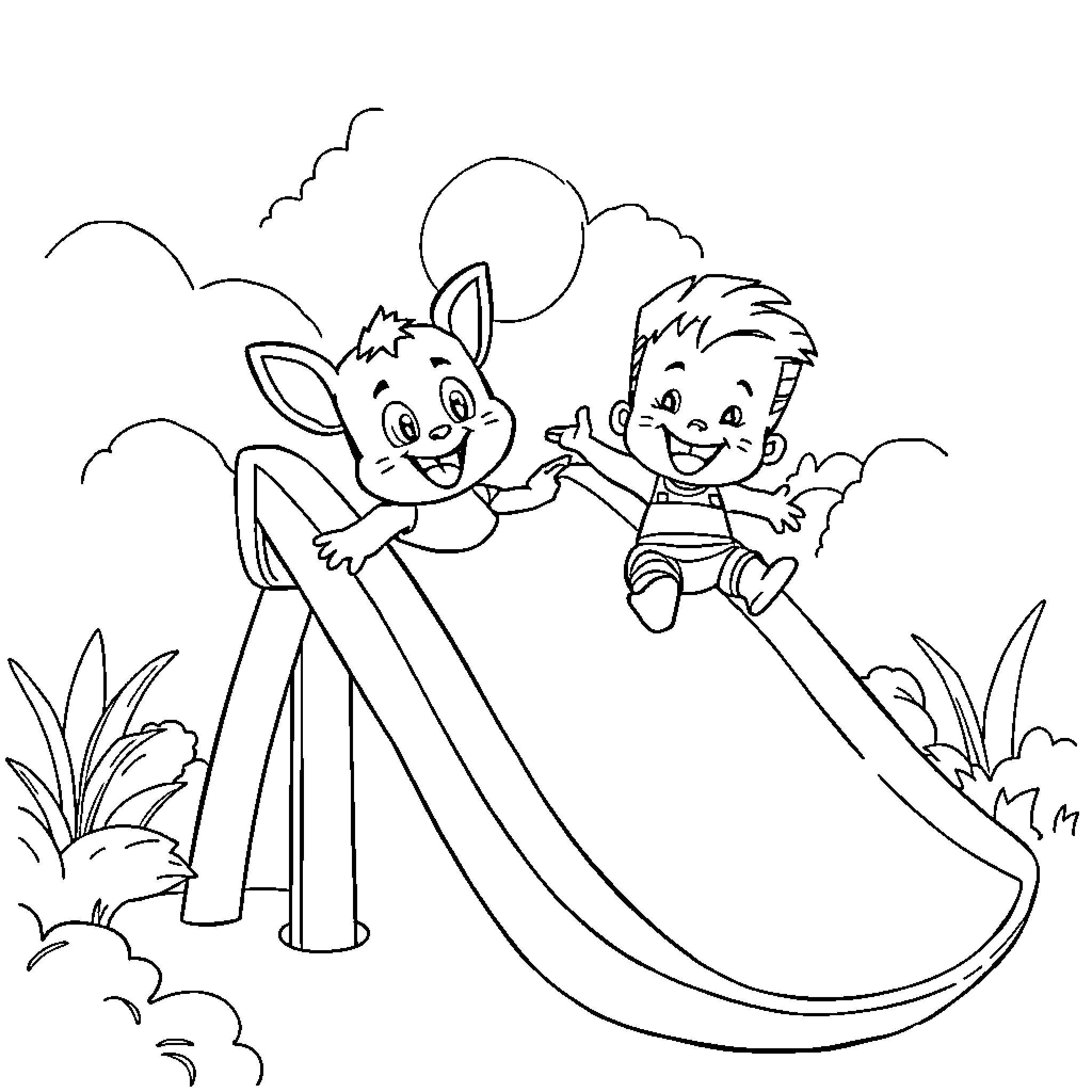 Bluey and friend playing on a slide in the park Coloring Page (free black-and-white line drawing printable PDF for all, from beginners to advanced learners, including children, teens, adults, and seniors)