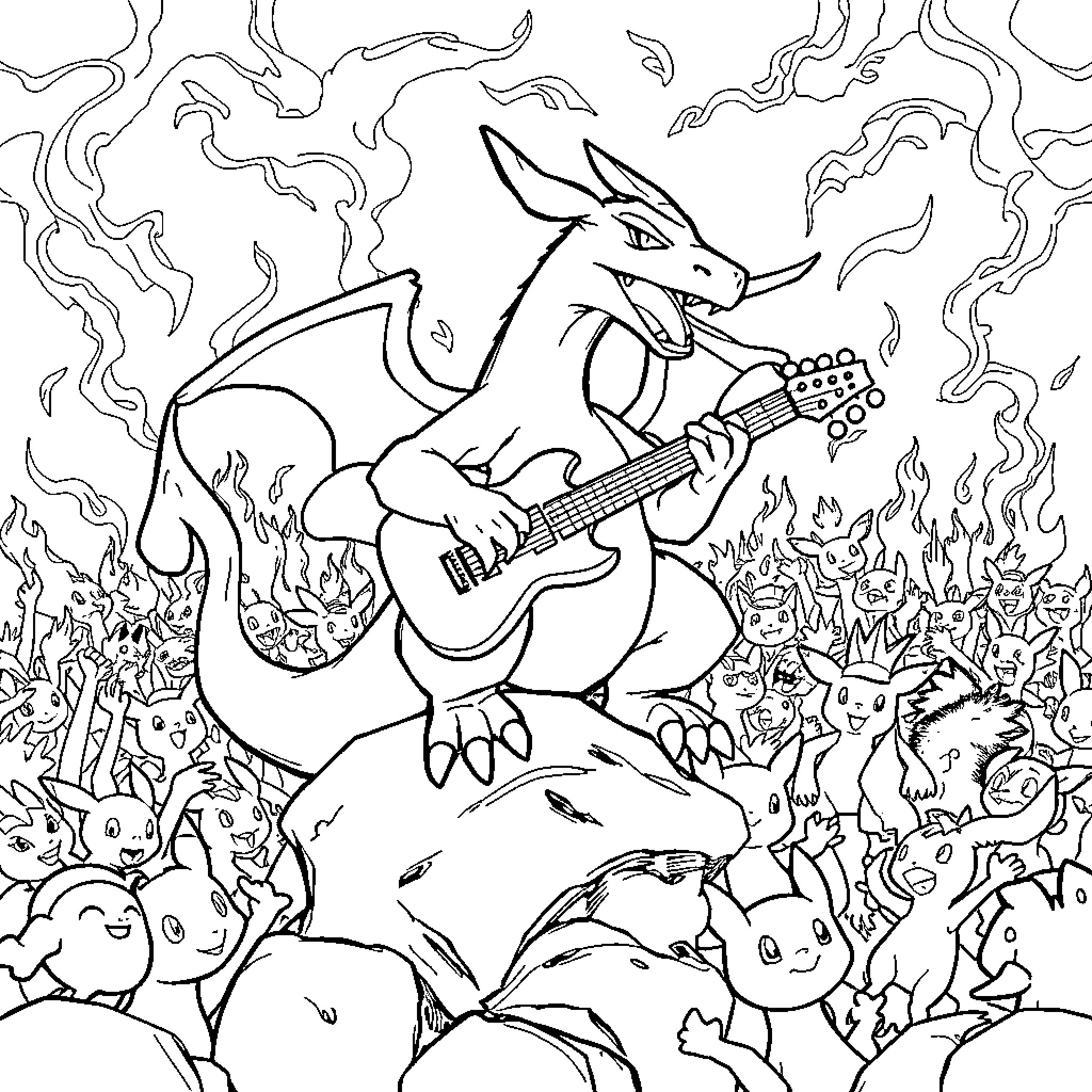 Charizard playing guitar among Pokemon characters Coloring Page (free black-and-white line drawing printable PDF for all, from beginners to advanced learners, including children, teens, adults, and seniors)