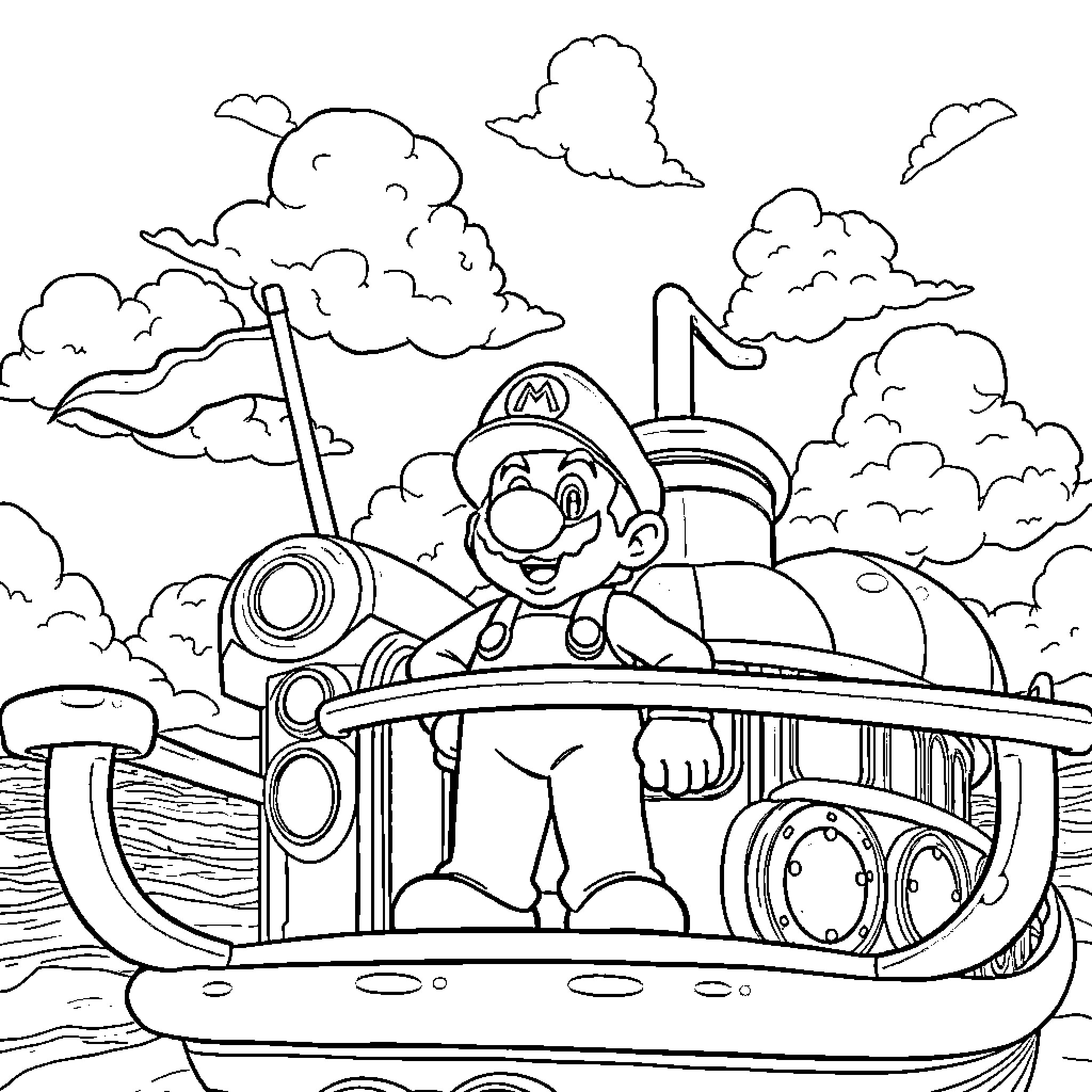 Mario's Whimsical Adventure in the Clouds Coloring Page (free black-and-white line drawing printable PDF for all, from beginners to advanced learners, including children, teens, adults, and seniors)