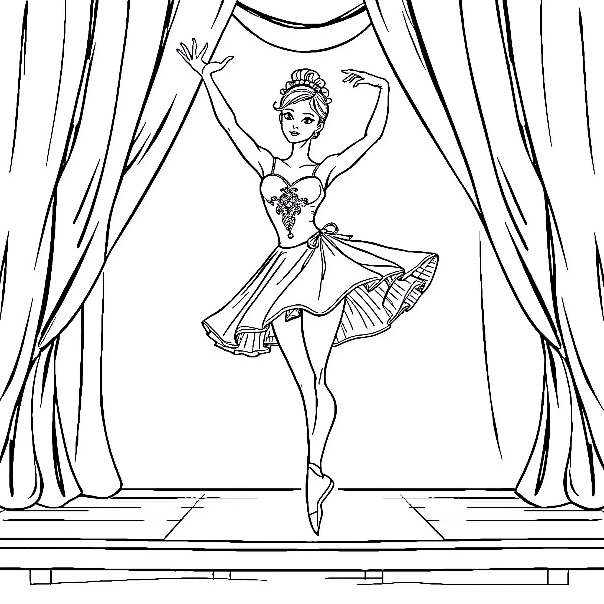 Ballerina performing graceful dance on stage Coloring Page (free black-and-white line drawing printable PDF for all, from beginners to advanced learners, including children, teens, adults, and seniors)
