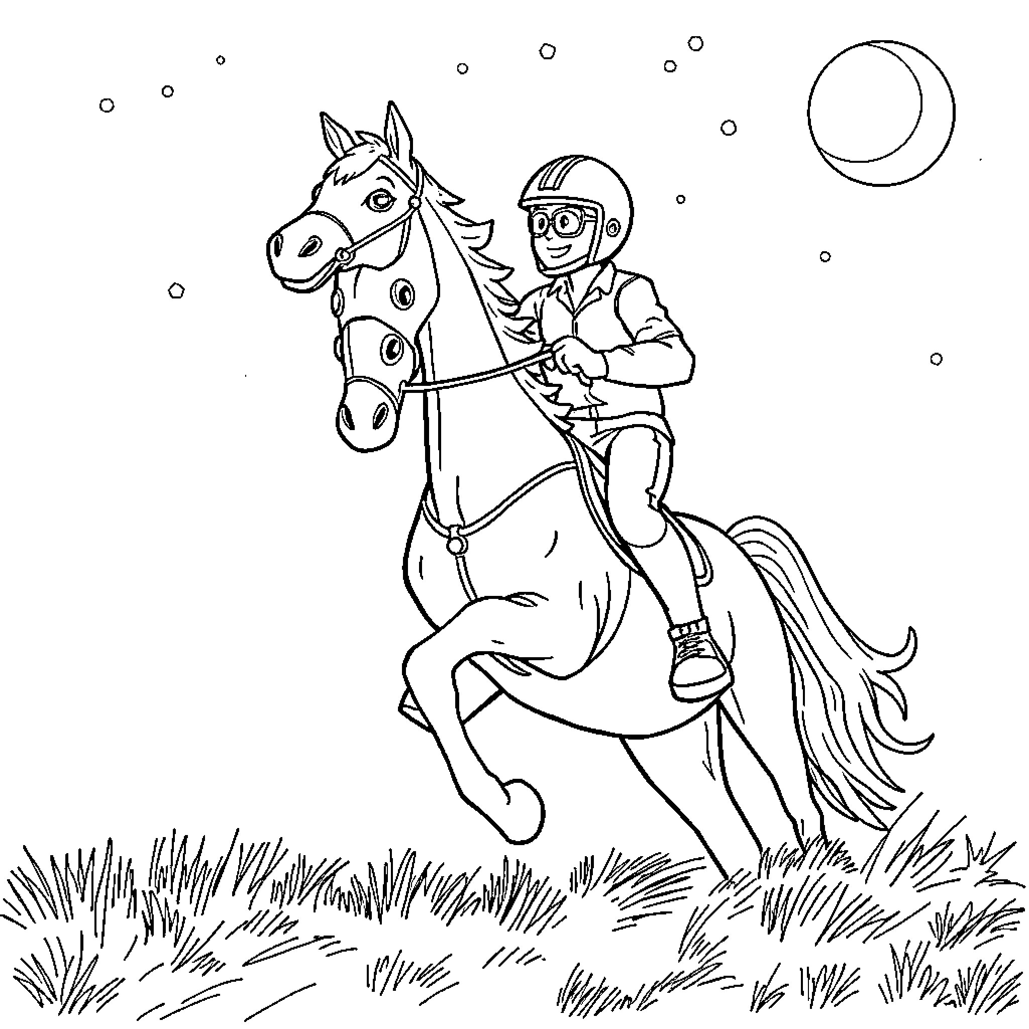 Rider on horseback in a moonlit landscape Coloring Page (free black-and-white line drawing printable PDF for all, from beginners to advanced learners, including children, teens, adults, and seniors)