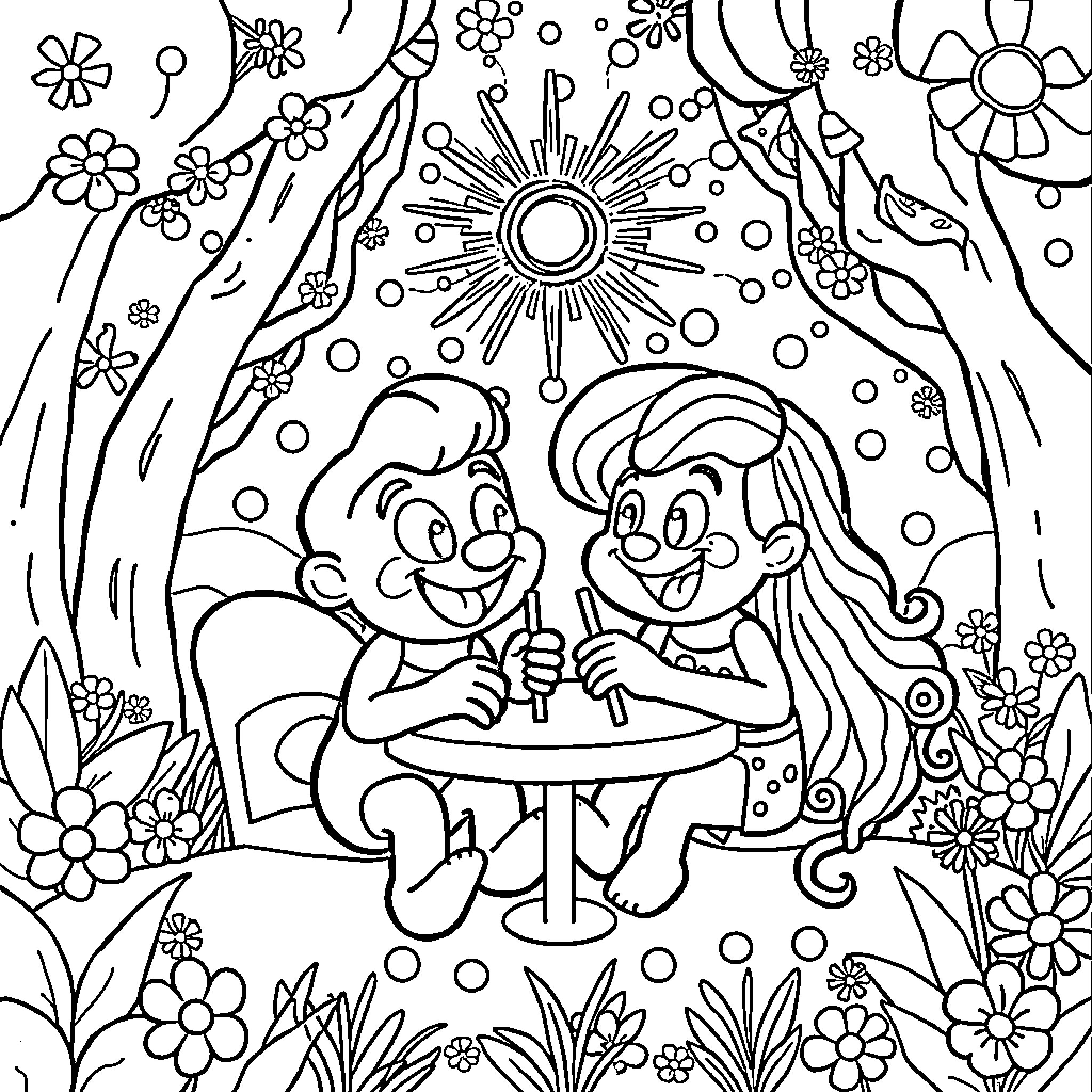 Blue Cartoon Couple Enjoying Floral Surroundings Coloring Page (free black-and-white line drawing printable PDF for all, from beginners to advanced learners, including children, teens, adults, and seniors)
