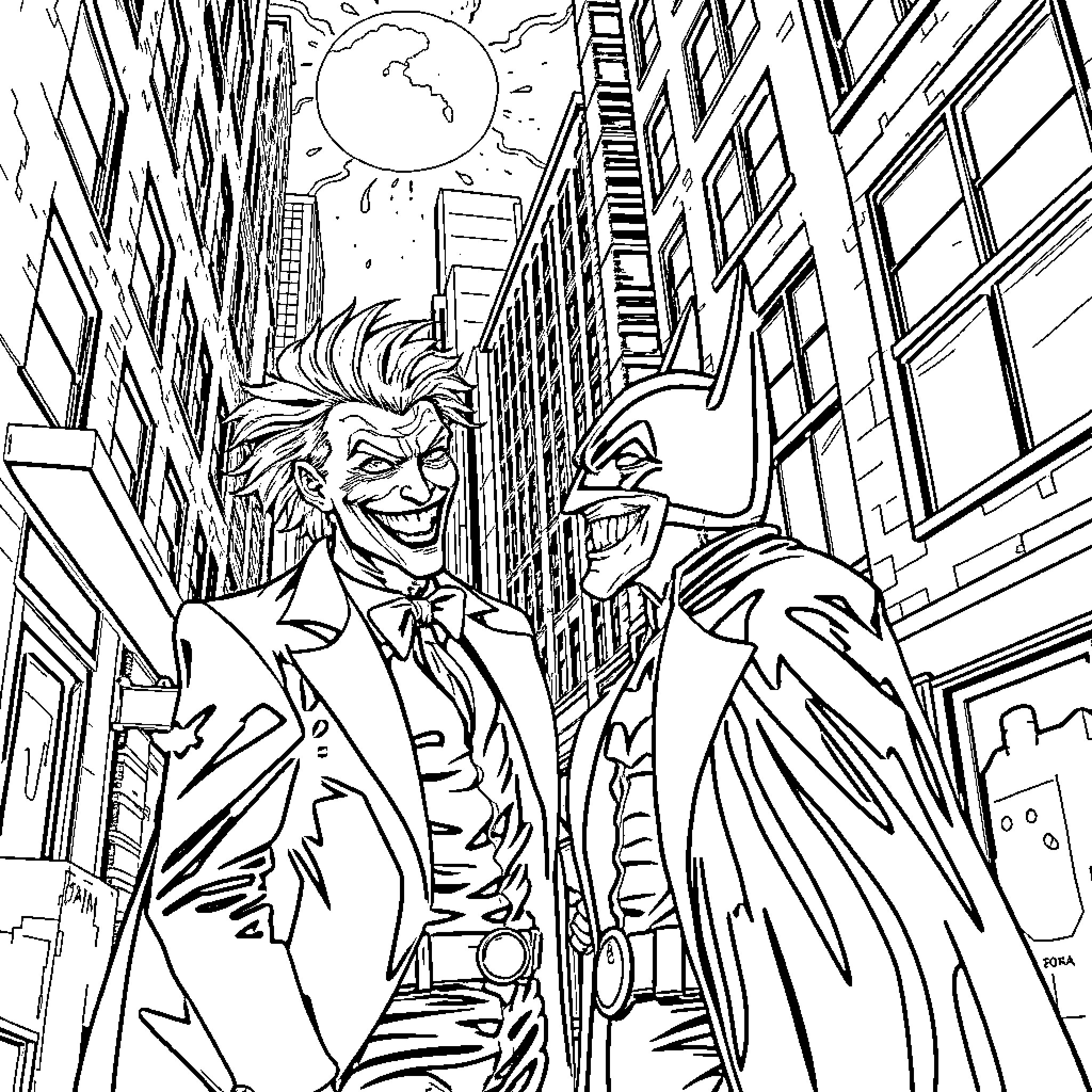Joker's Chaotic Escapade in the City Coloring Page (free black-and-white line drawing printable PDF for all, from beginners to advanced learners, including children, teens, adults, and seniors)