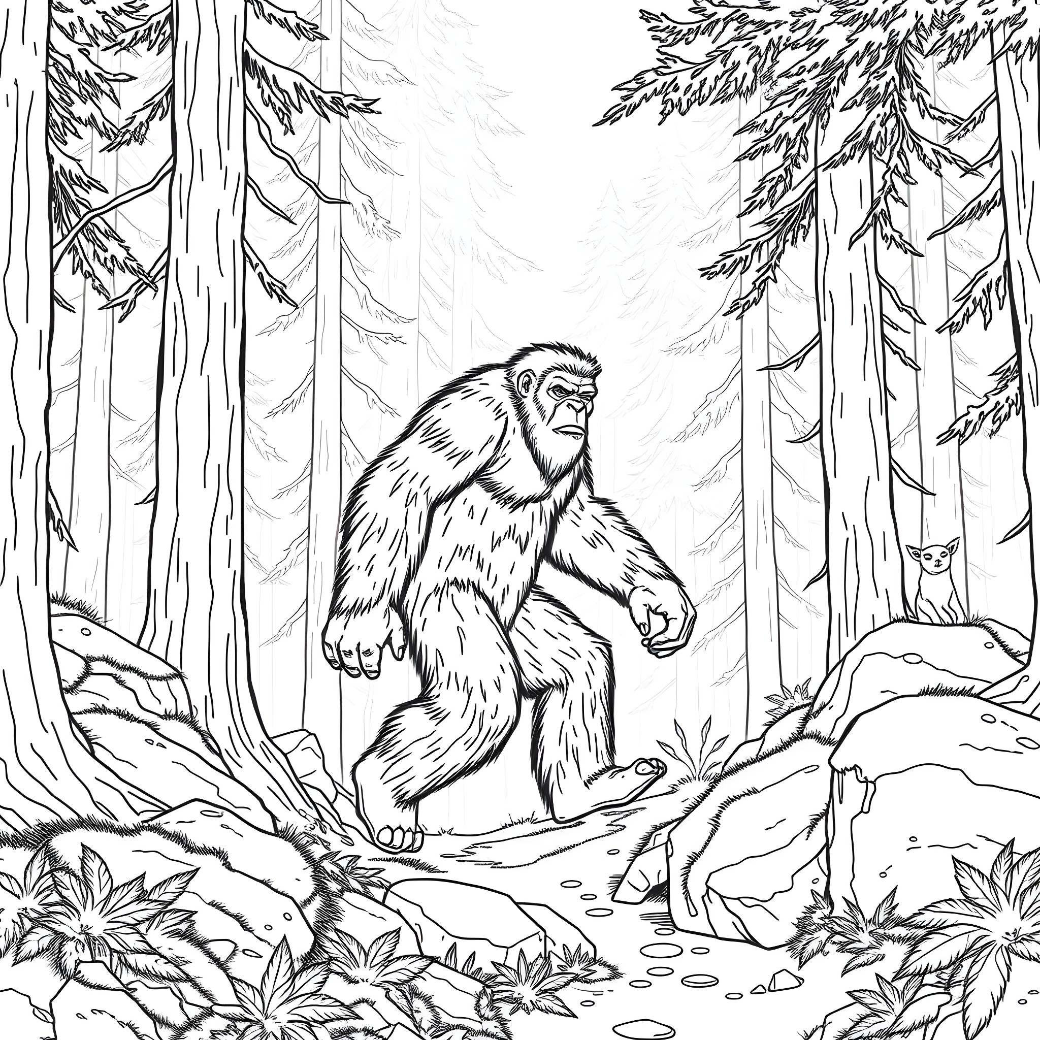 Sasquatch Roaming the Mysterious Forest Coloring Page (free black-and-white line drawing printable PDF for all, from beginners to advanced learners, including children, teens, adults, and seniors)