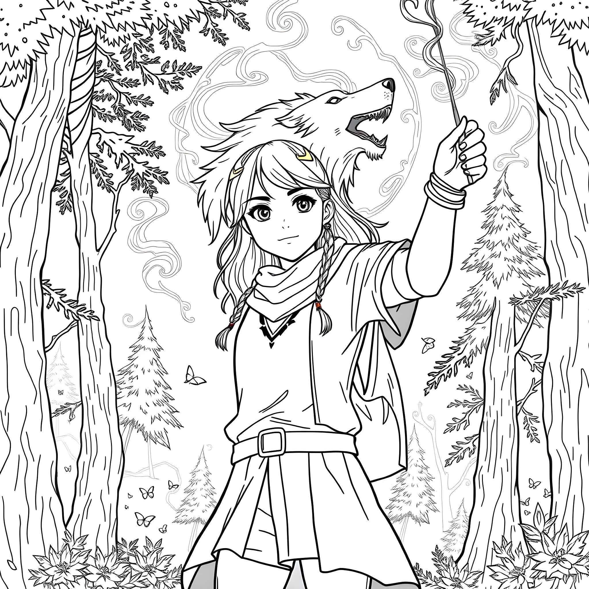 Teen Girl Encountering a Magical Wolf in the Enchanted Forest Coloring Page (free black-and-white line drawing printable PDF for all, from beginners to advanced learners, including children, teens, adults, and seniors)