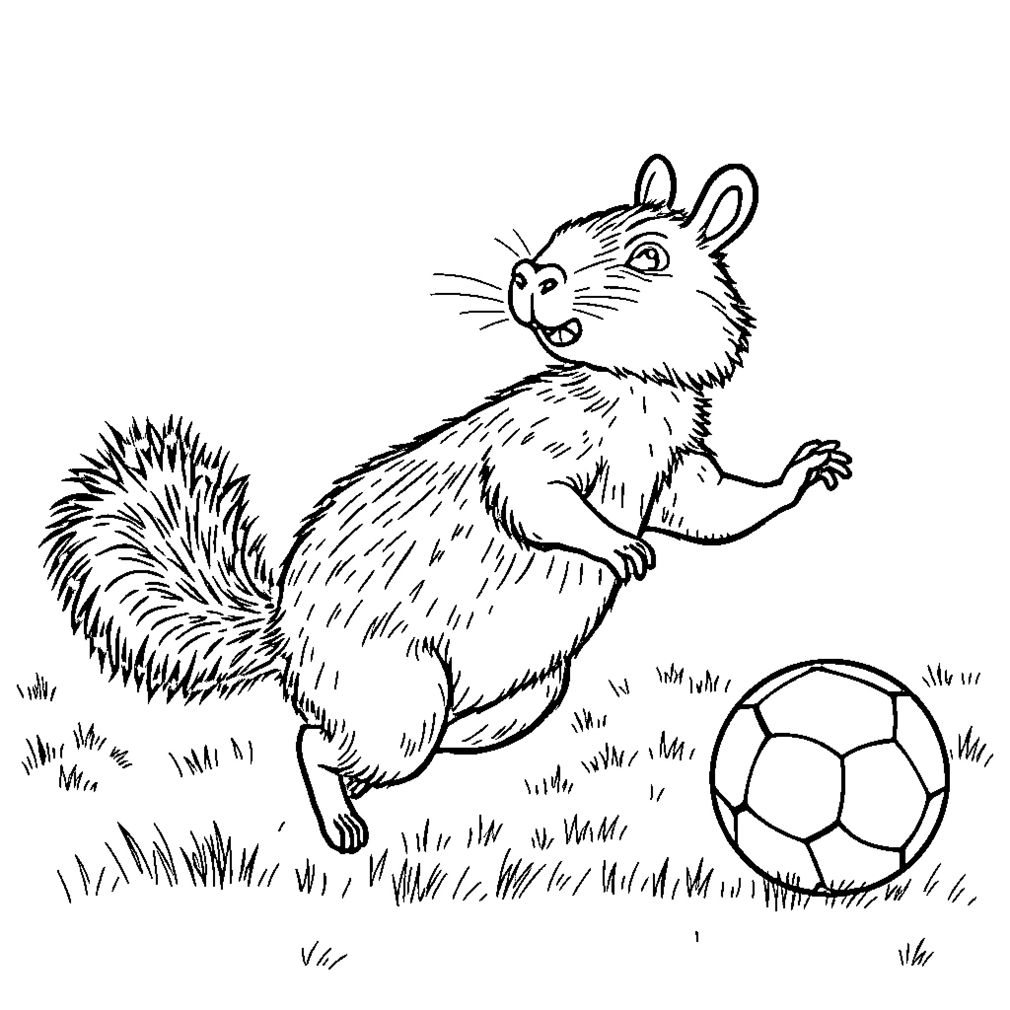 Capybara playing with a soccer ball in the grass Coloring Page (free black-and-white line drawing printable PDF for all, from beginners to advanced learners, including children, teens, adults, and seniors)