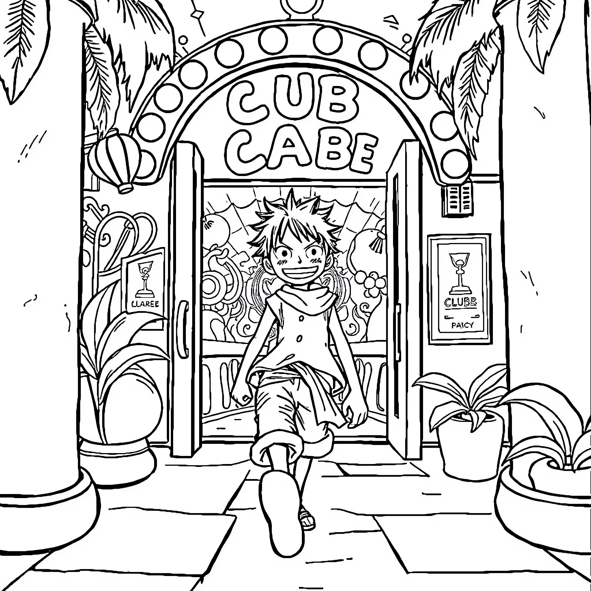 Luffy's Lively Adventure at Cub Cafe Coloring Page (free black-and-white line drawing printable PDF for all, from beginners to advanced learners, including children, teens, adults, and seniors)