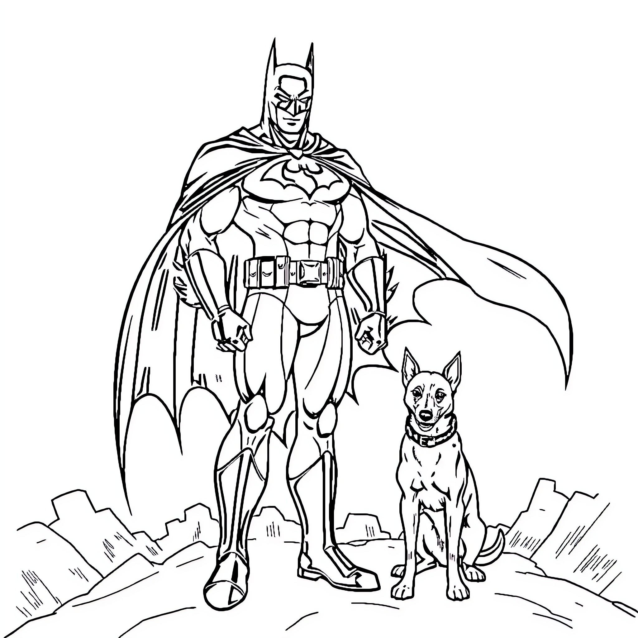 Batman with loyal canine companion in action pose Coloring Page (free black-and-white line drawing printable PDF for all, from beginners to advanced learners, including children, teens, adults, and seniors)